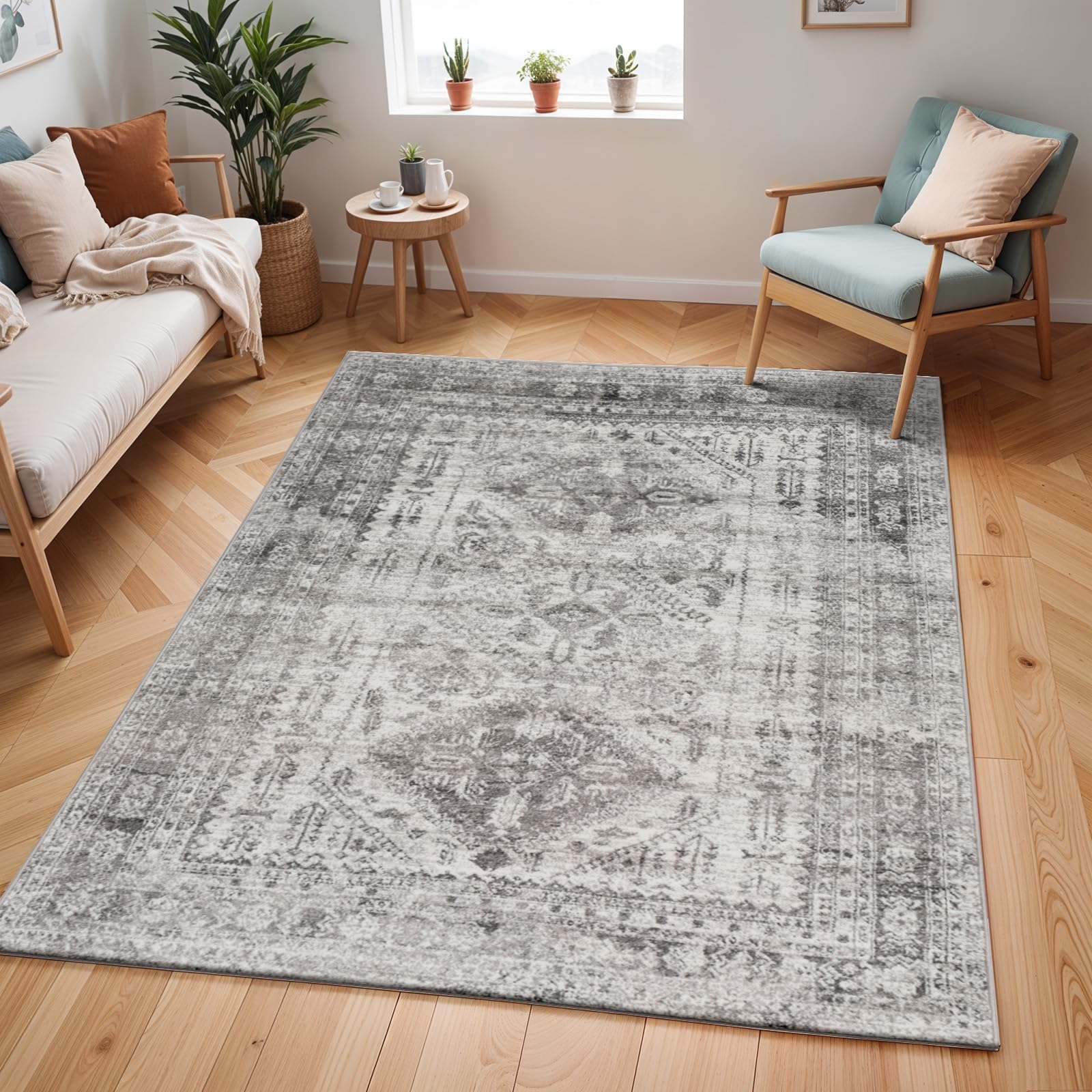 Livabliss Neelam Habana Vintage Carpet 120x170 cm, Scandi Neutral Traditional Boho Design for Living Room & Bedroom, Easy Care Pile, Grey White