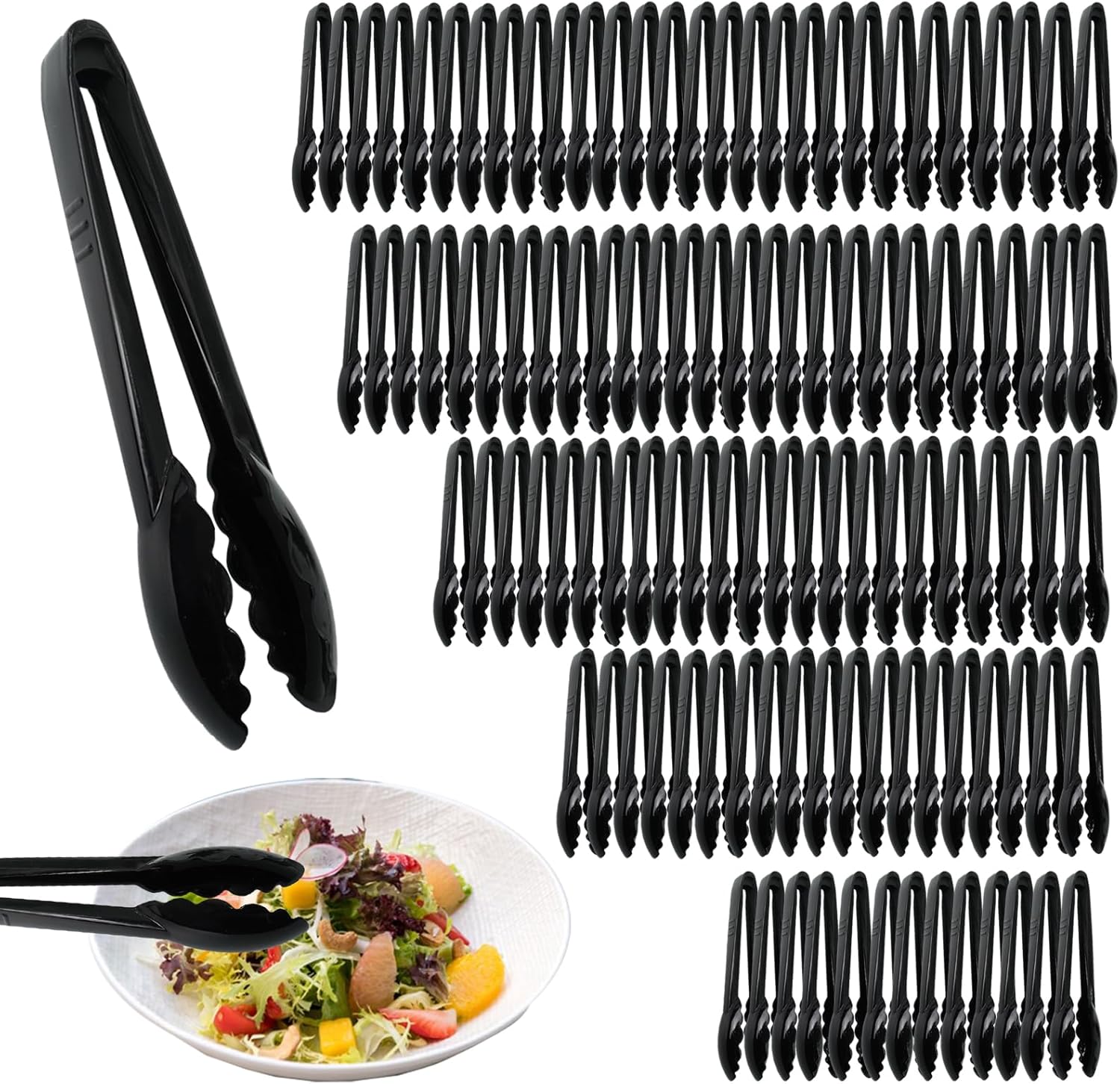 110 Pcs Plastic Tongs Bulk 9 Inch Disposable Plastic Serving Tongs, Black Heavy Duty Kitchen Utensils for Kitchen, Buffets, BBQ, Charcuterie Salad Catering Events and Party