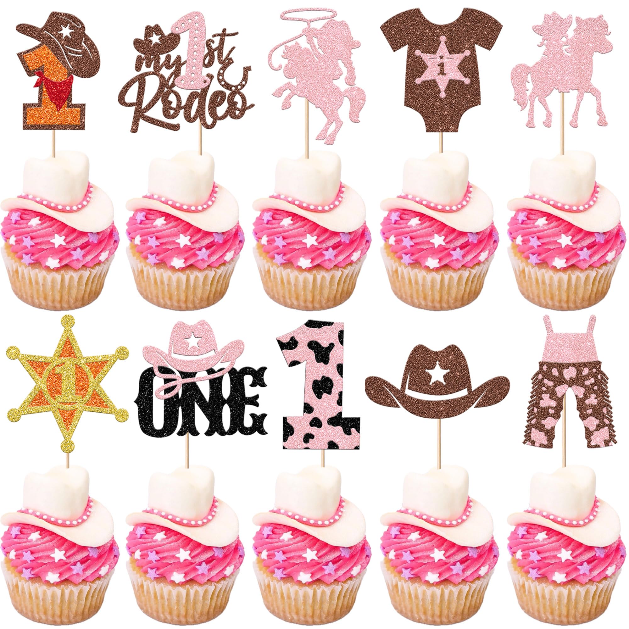 Xsstarmi 30 Pack Cowgirl Cupcake Toppers Pink Star Glitter My 1st Rodeo Baby Cowgirl Cupcake Picks for Western Newborns Baby Shower Kids Girls Fisrt Birthday Party Cake Decorations Supplies