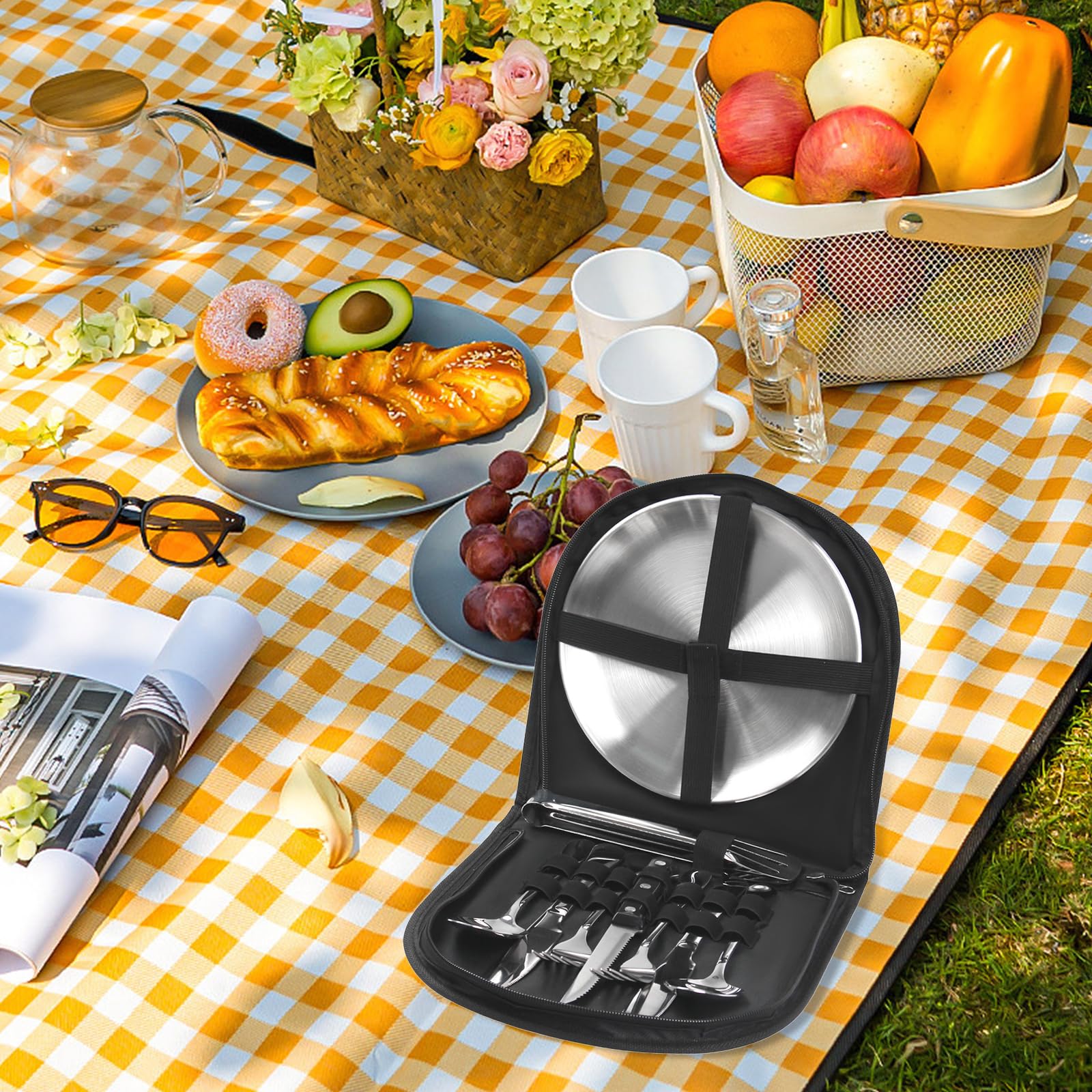 Yuecuu Camping Cutlery Set Stainless Steel 10-Piece Cutlery Picnic Crockery Set for 2 People Portable Outdoor Tableware for Camping Picnic - Image 3