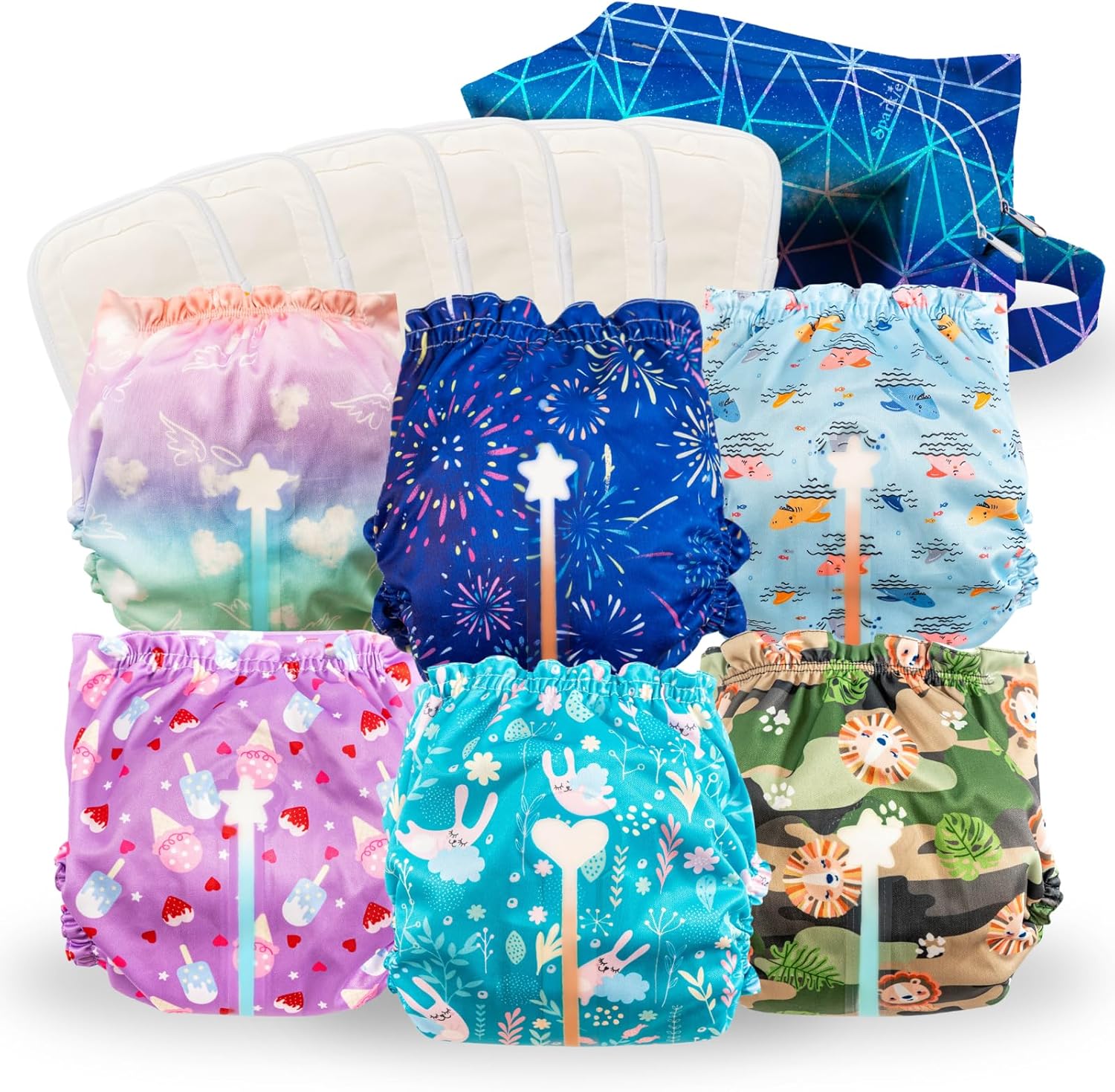 Reusable Cloth Diapers with Wetness Indicator, Swim Diaper, 6 Pack Waterproof Skin Friendly Covers＆Insert One Size Adjustable Washable Diapers for Newborns, Baby (11-33 pounds, 0-3 Years, Cute)