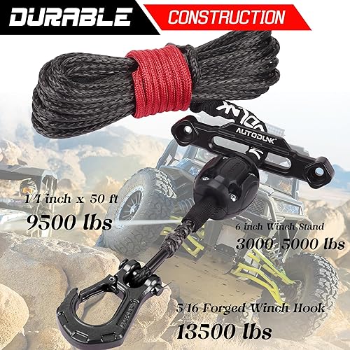 Miniatura 6 de Kit de cuerda de cabrestante sintética de 14" x 50 pies con funda protectora+cabrestante Fairlead+Tapón+Gancho, negro