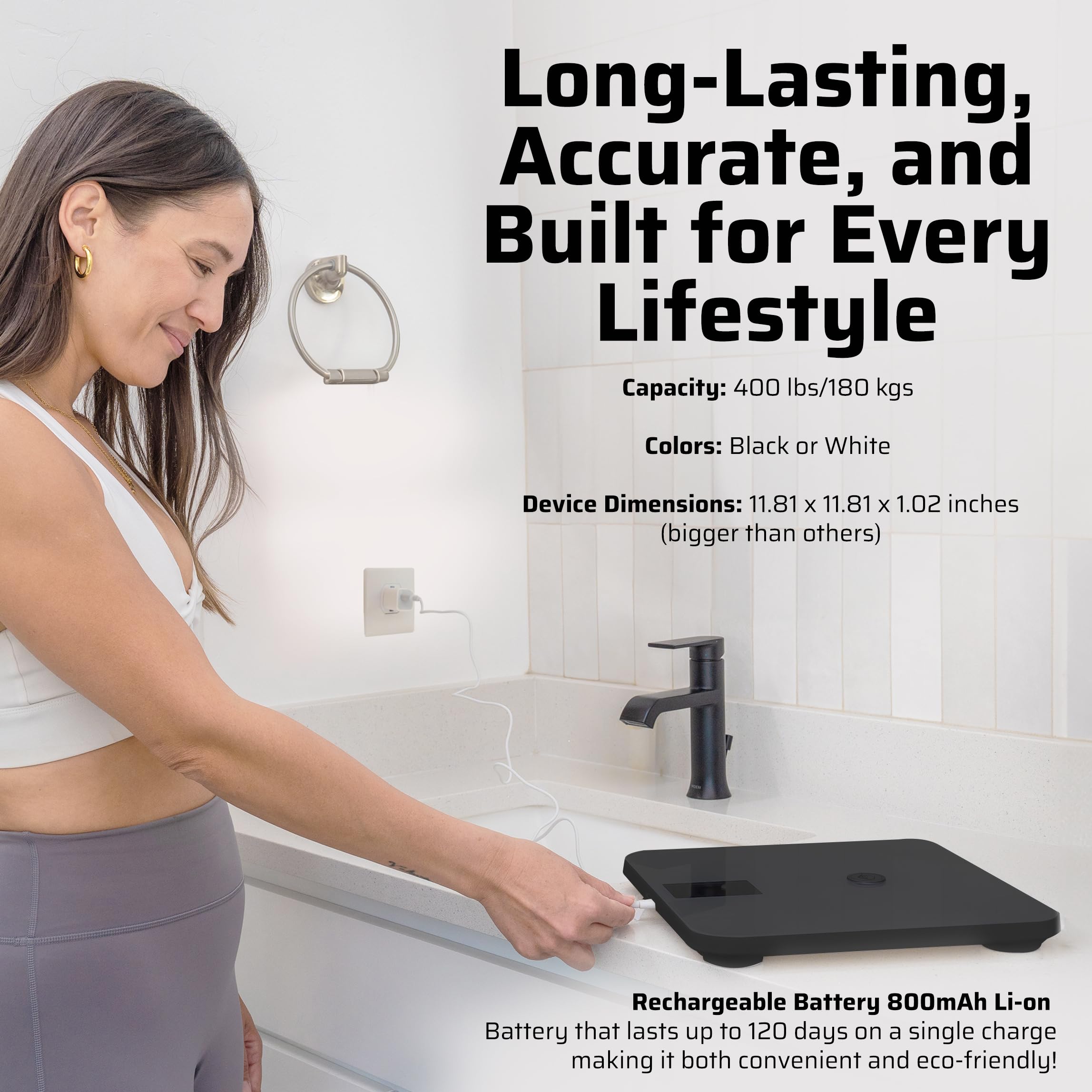 Premium Smart Digital Bilancia del peso corporeo - 4 elettrodi - 25+Metrics - Ricaricabile - WiFi & Bluetooth - Analisi completa del corpo - Traccia grasso corporeo, massa muscolare, percentuale di