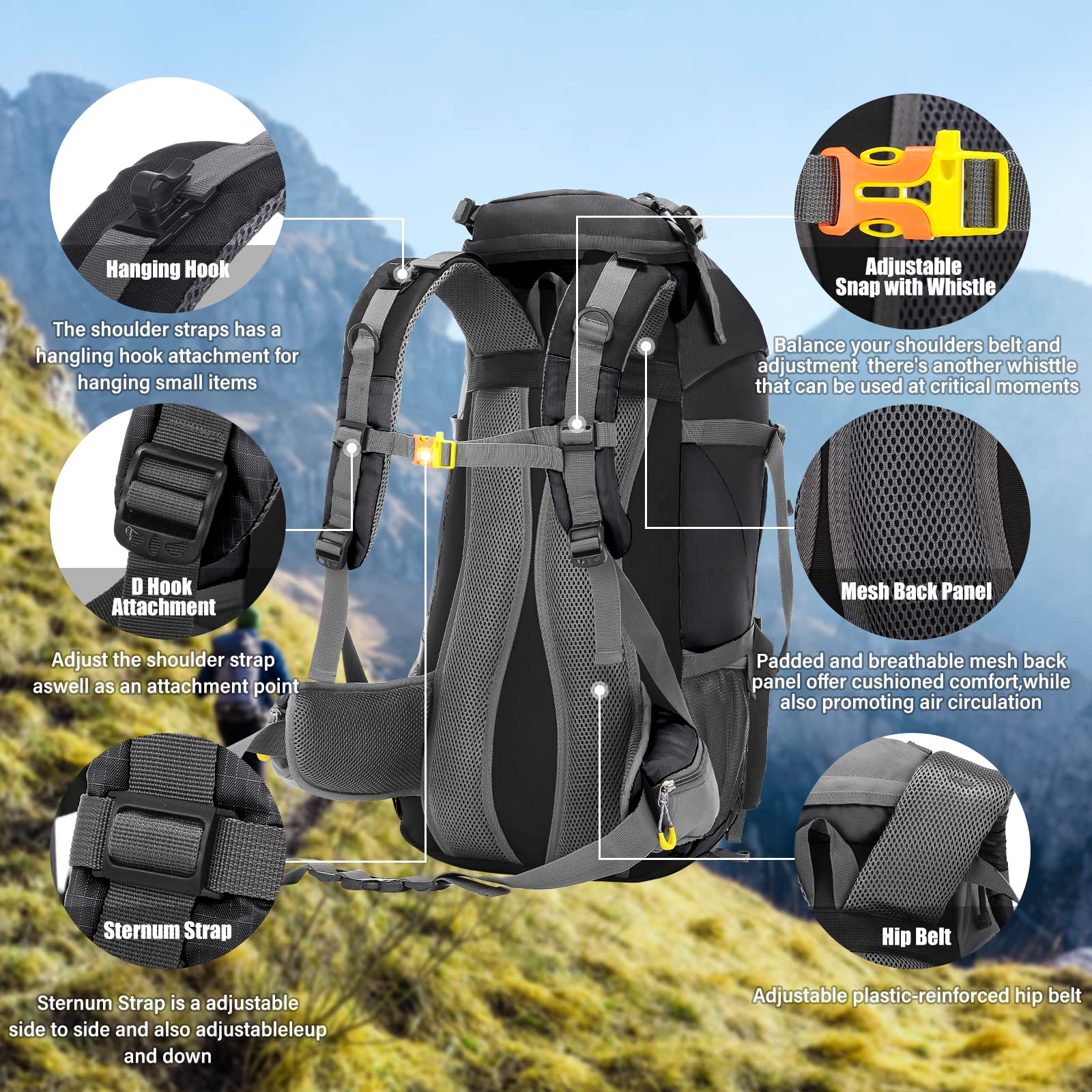Lixada Wanderrucksack, 50 l, mit Schutzhülle, wasserdicht, ultraleicht, für Bergsteigen, Klettern, Trekking, Sport, Reisen, Camping