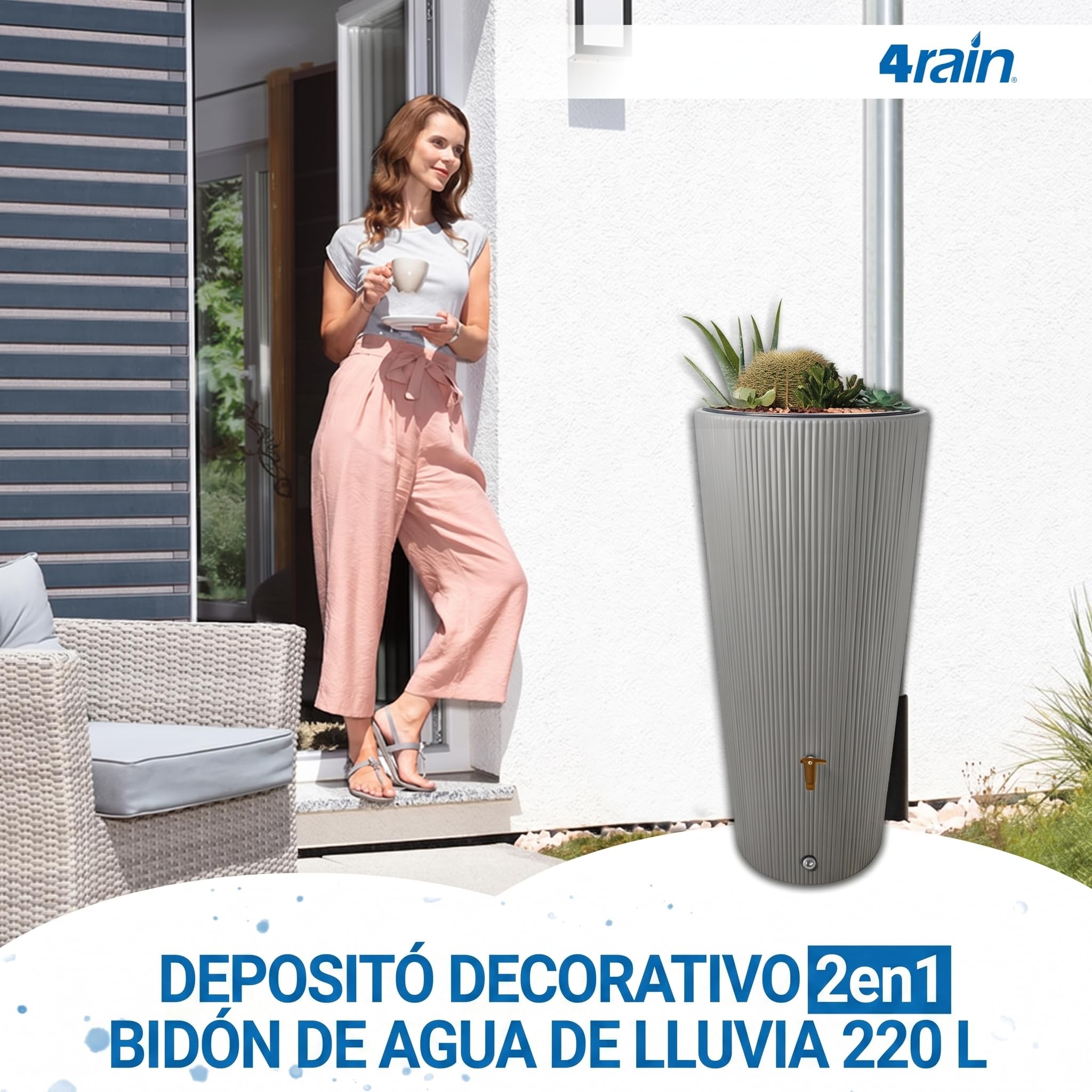 4rain Vaso 2en1 Decor depósito de Agua de Lluvia 220 L Gris Zinc Incl. Grifo de plástico y conexión al bajante | Incluye grifo de plástico y conector de bajada, forma delgada para el jardín, barril de lluvia vegetal