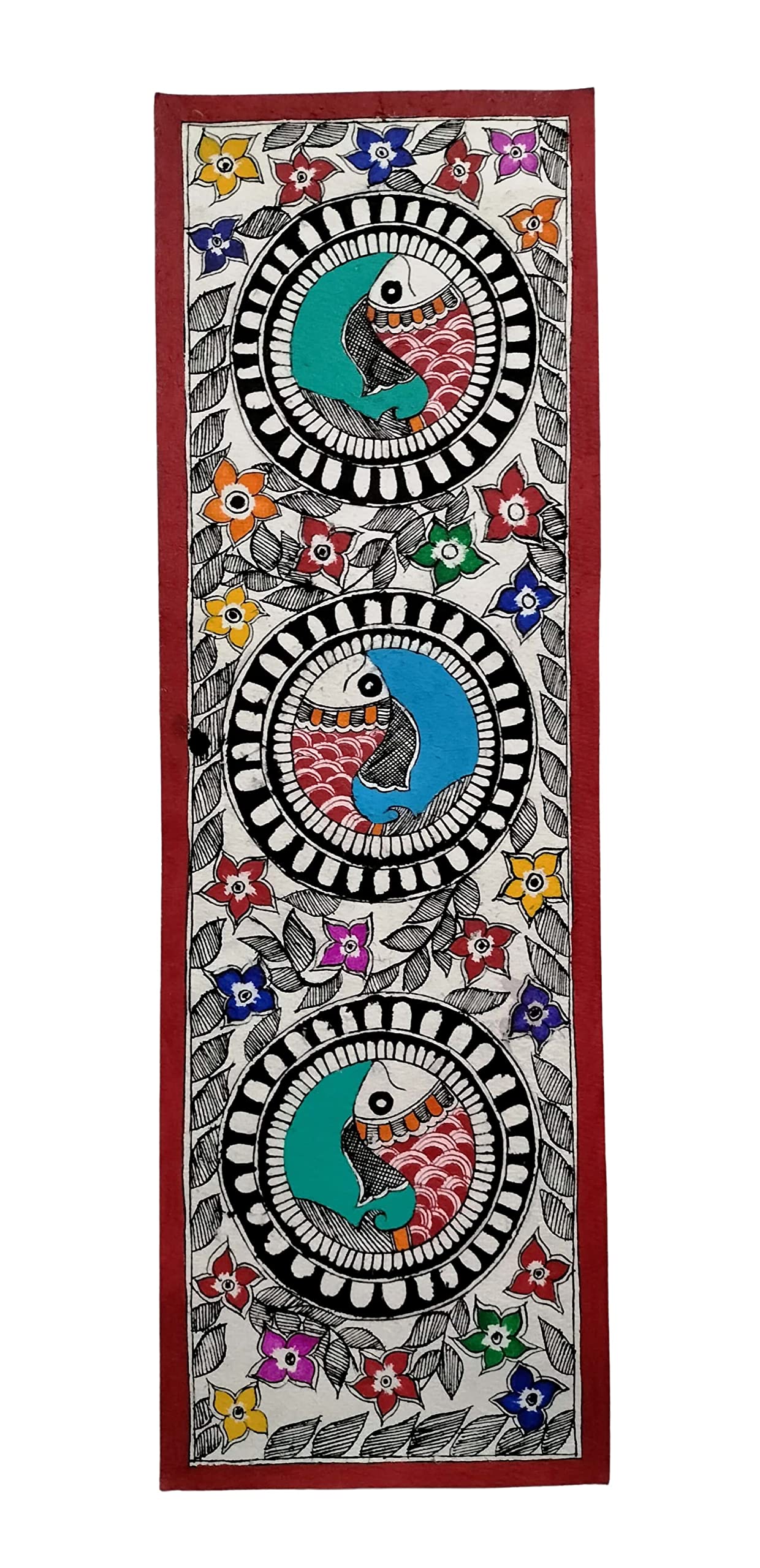 MINI ART Mithila Painting/Madhubani Painting Of Fish- Fully Handmade-Home Decor-(17.5 X 5.5 Inch)-Unframed (Multi)