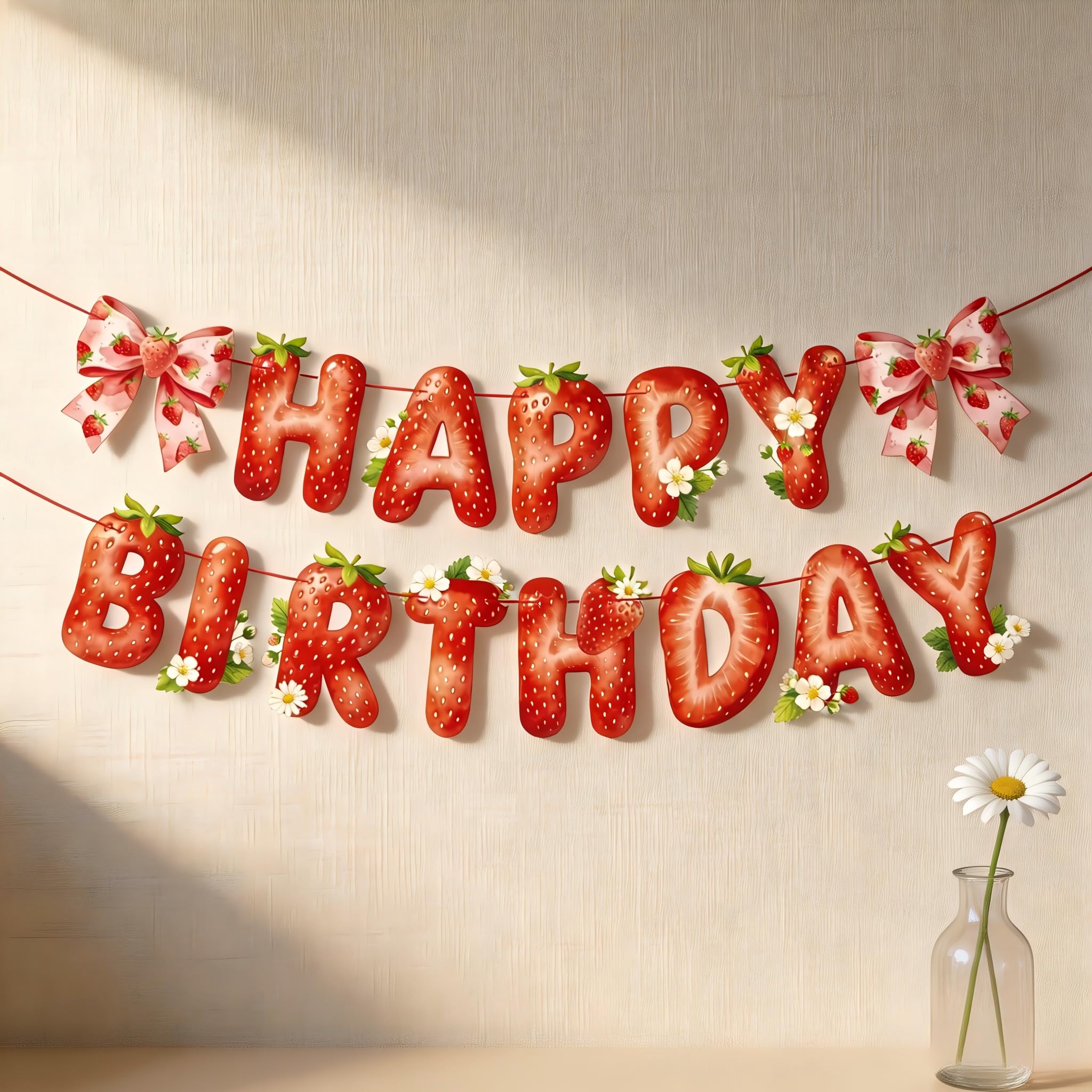 Happy Birthday Banner, Paper Floral Strawberry Bow Design Decorative Banner for Women, Party Back drop Decor ations with Easy Hang Kit, Reusable & Foldable