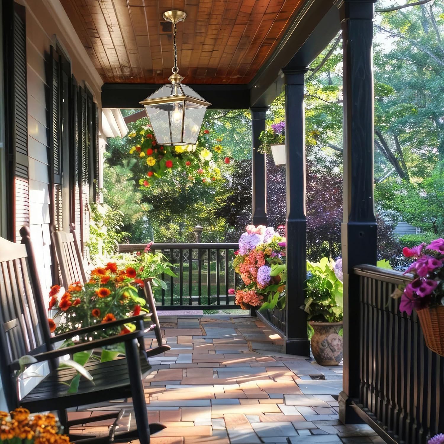 Milaii Copper Brass Outdoor Pendant Light, 16.5" H Large Lantern Hanging Light Fixtures Waterproof Porch Light Outdoor Chandelier for Patio Entryway