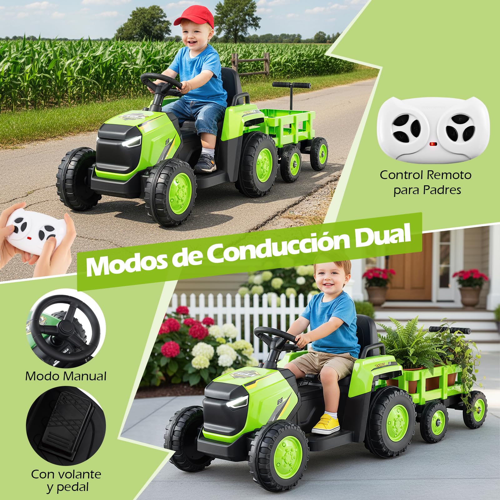 COSTWAY Tractor Eléctrico para Niños 12V, Coche Eléctrico para Niños con Remolque Desmontable, Mando a Distancia, Faros LED y Música, Tractor Juguete a Batería para Niño de 3 a 8 Años (Verde)