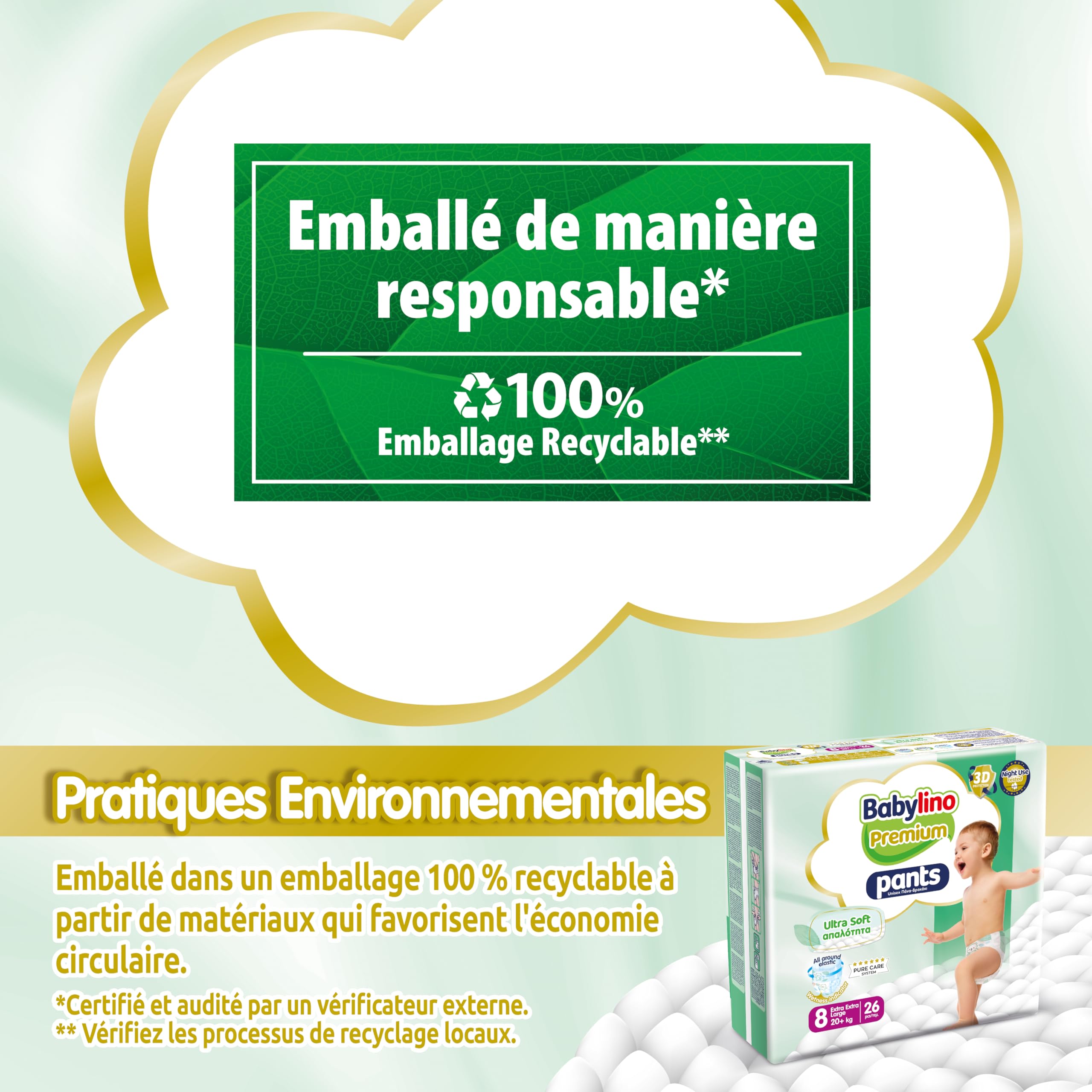 Babylino Premium Pants, Couches culotte Taille 8 avec filtre ULTRA SOFT, XXL (20+kg), 26 unités