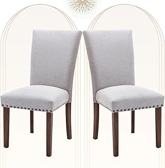 Upholstered Parsons Dining Chairs Set of 2, Fabric Dining Room Kitchen Side Chair with Nailhead Trim and Wood Legs - Light Grey