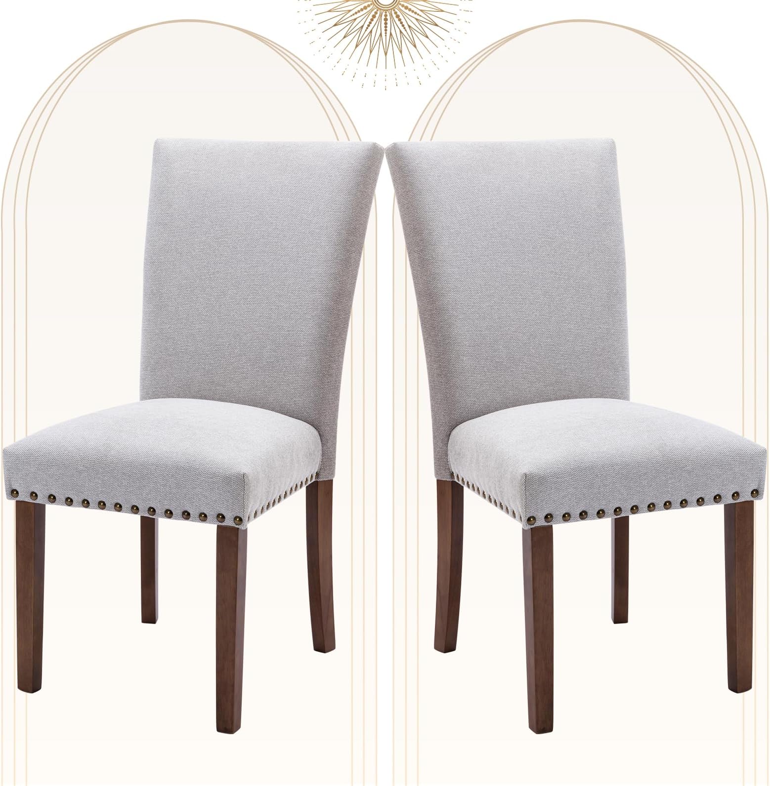 COLAMY Upholstered Parsons Dining Chairs Set of 2, Fabric Dining Room Kitchen Side Chair with Nailhead Trim and Wood Legs - Light Grey