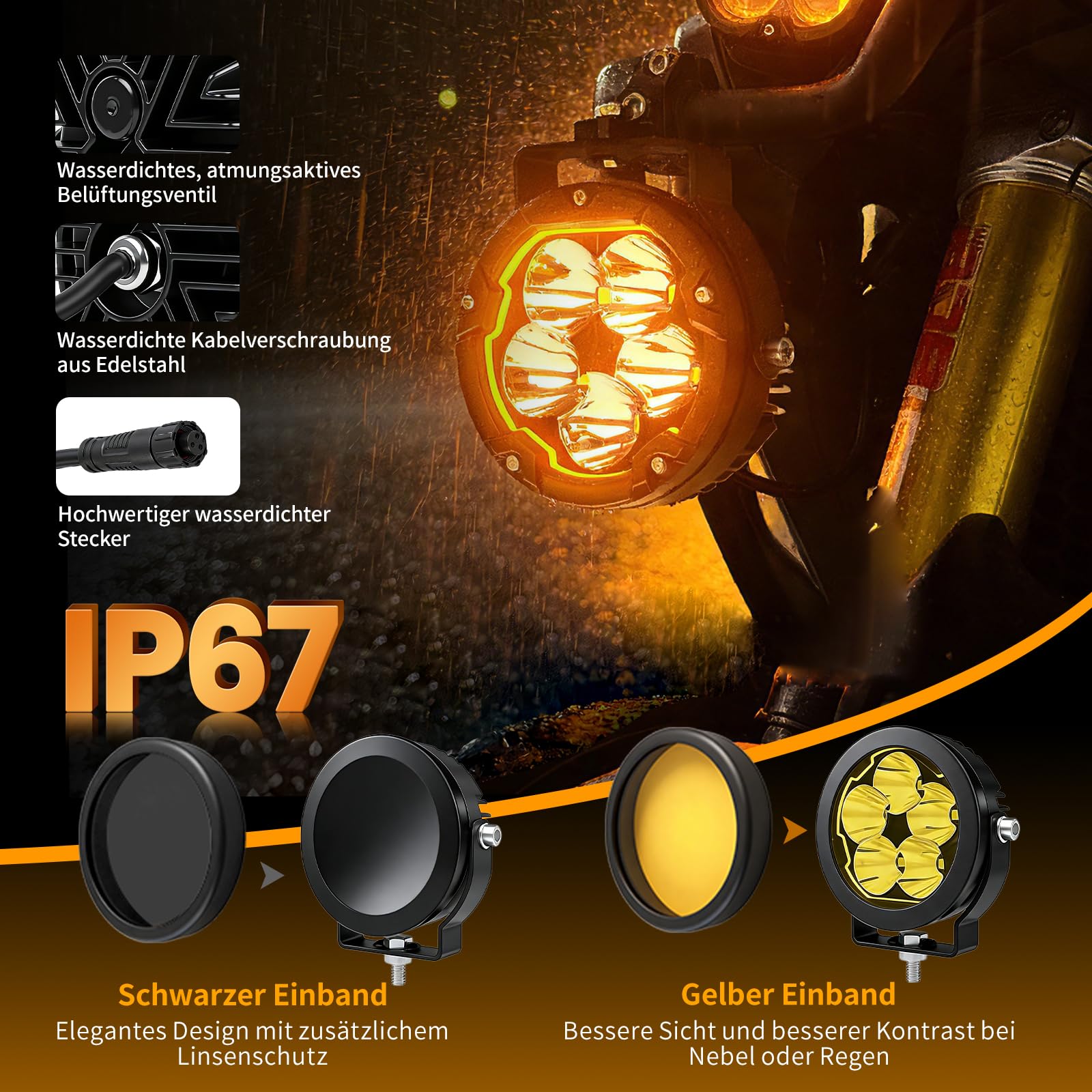 CO LIGHT 4" Motorrad LED Zusatzscheinwerfer, Nebelscheinwerfer, Motorrad LED Scheinwerfer mit DRL, mit Kabelbaum, Flash Modus, 100W 14000LM Ultrahell