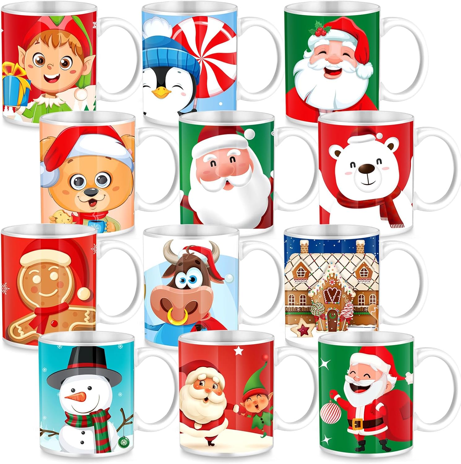 Tioncy 12 Pcs Christmas Coffee Mugs Set 11 oz Ceramic Christmas Mugs with Handle Ceramic Matching Cups Holiday Party Stackable for Home Centerpieces Housewarming Holiday Party Gift(Classical)
