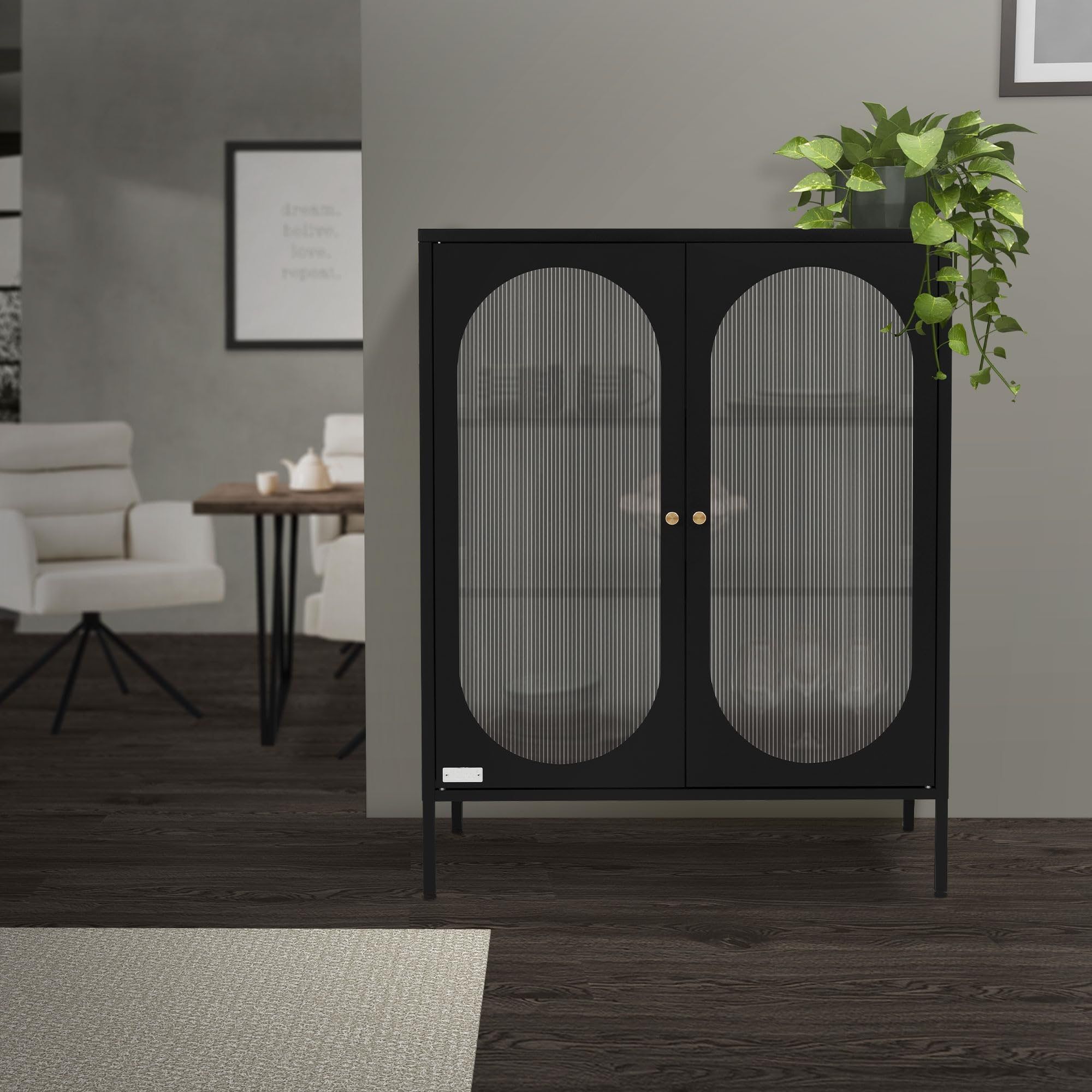 ML-Design Vetrina 80x102,5x40 cm Nero con 3 Ripiani e 2 Ante Mobile da Soggiorno in Metallo Vetrinetta in Acciaio Stile Industriale Cassettiera Libreria Schedario da Terra Credenza