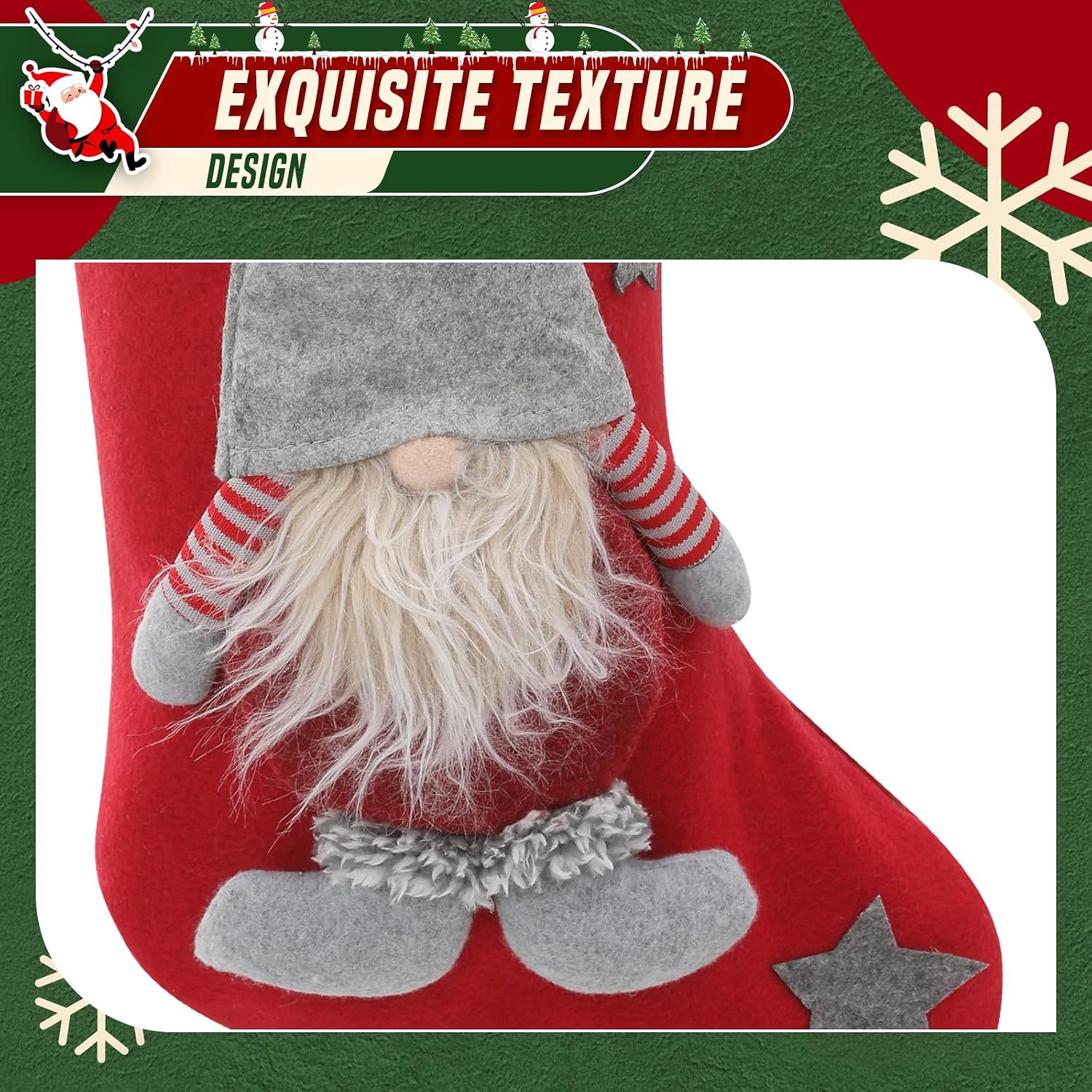 Christmas Stockings for Holiday Decorations, Xmas Stocking with Faux Fur Plush Cuff for Fireplace Hanging Family Party Tree Decor 4 Pack Gift Set, Non-Woven 3D Gnome - Gray/Red