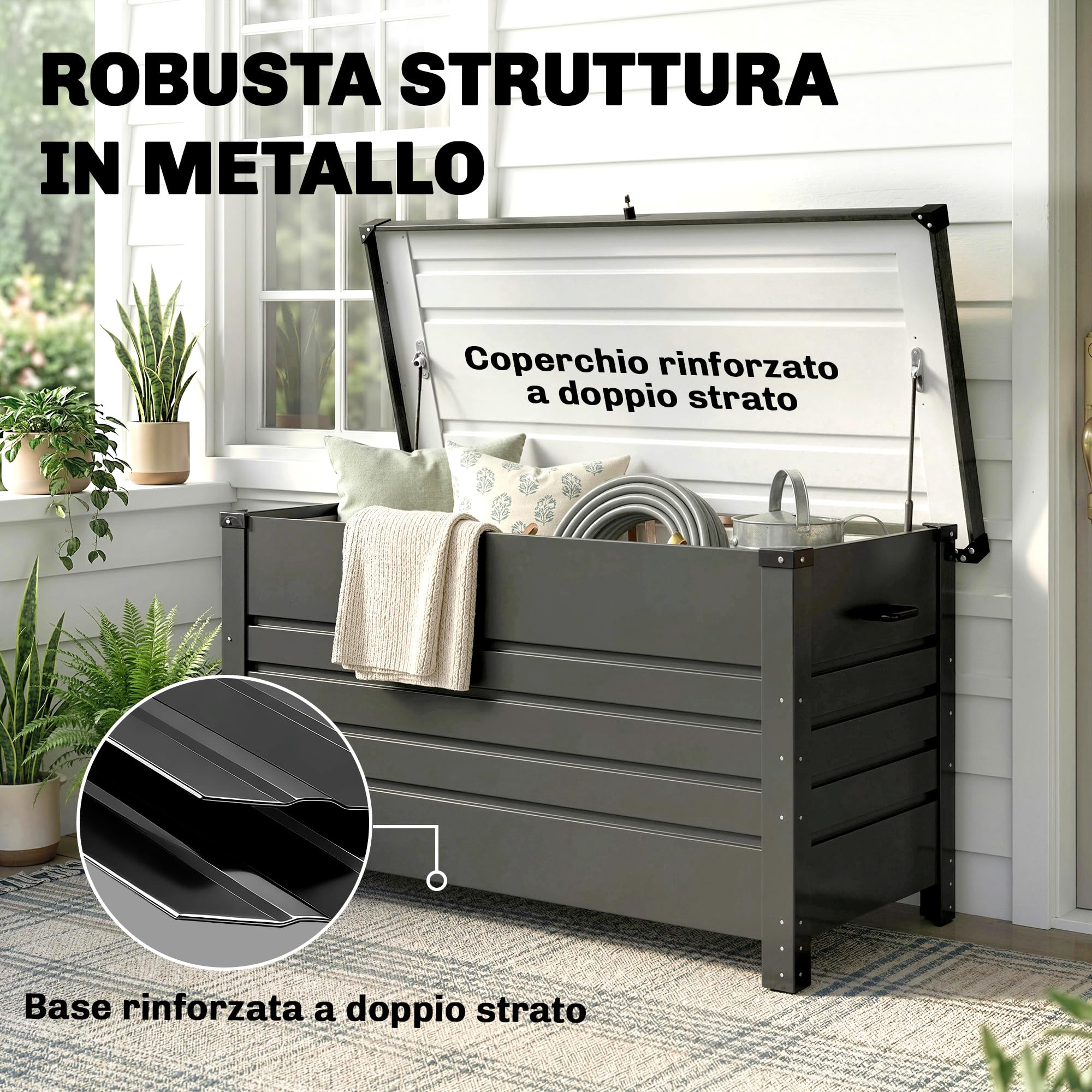 Outsunny Baule da Esterno 350L Acciaio Rinforzato con Coperchio Bloccabile, Pistoni a Gas, Ruote, Grigio