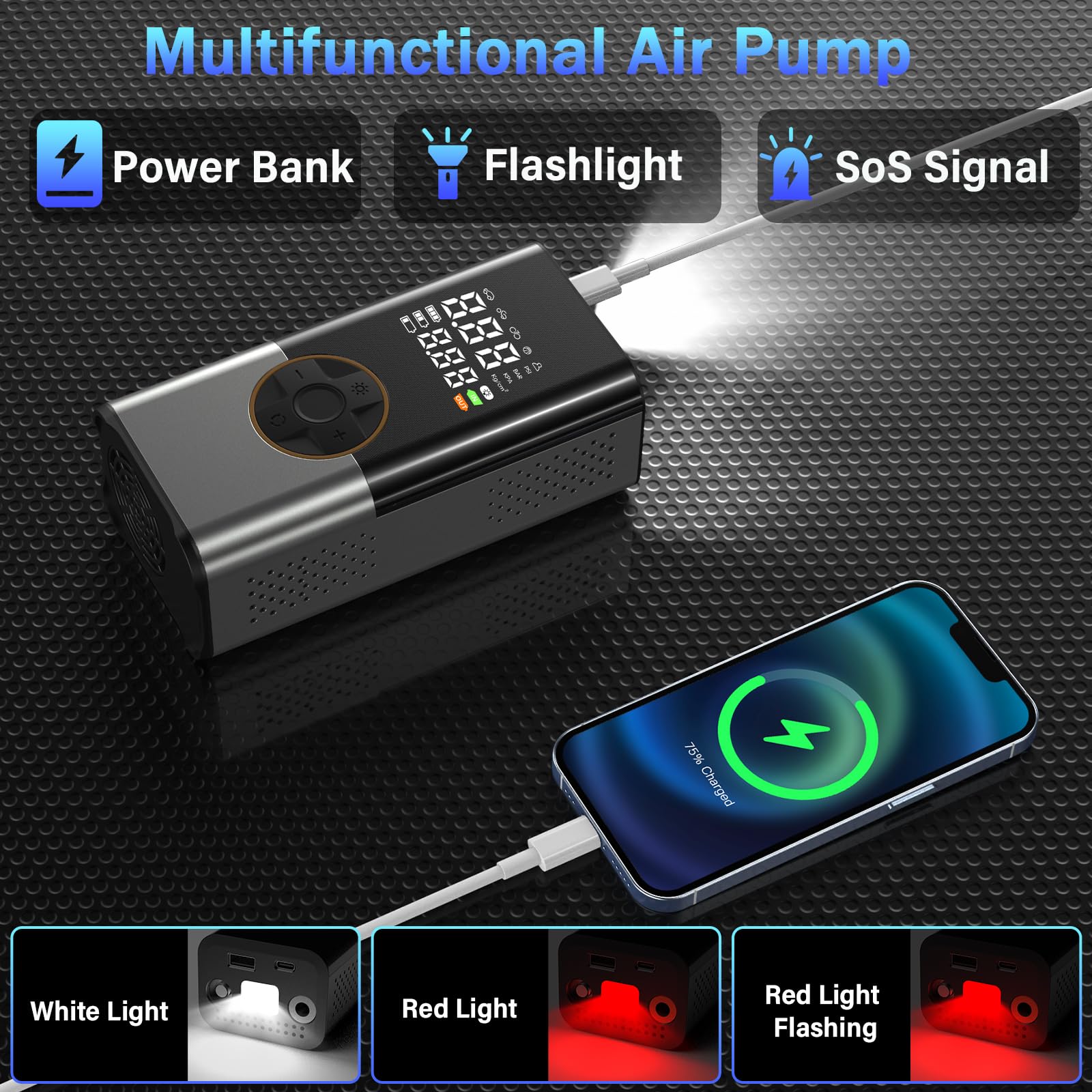 Air Compressor Mini Luftkompressor 12V – 150 PSI, Für Auto, Motorrad, Fahrrad – Mit Schlauch, Adaptern & LED-Licht – Kompakt Mini Kompressor
