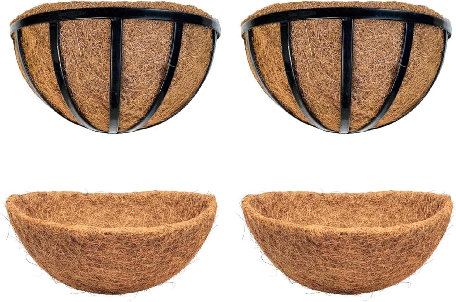 LaLaGreen Bundle- 2 Pack, 16 Inch Metal Basket with Coco Liner + 2 Pack, 16 Inch Half Round Coco Liner Insert Replacement Window Hanging Flower Pot Outdoor Plants Holder Blacony Porch Rail Fence Decor
