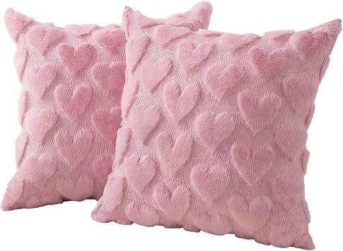 baotongle 2pcs Valentines Pillow Covers 18x18 inch Valentines Day Decoration Heart Soft Plush Faux Fur Throw Pillows Covers for Bedroom Sofa Holiday Festivals Home Decor2, Pink, 17.7x17.7inches