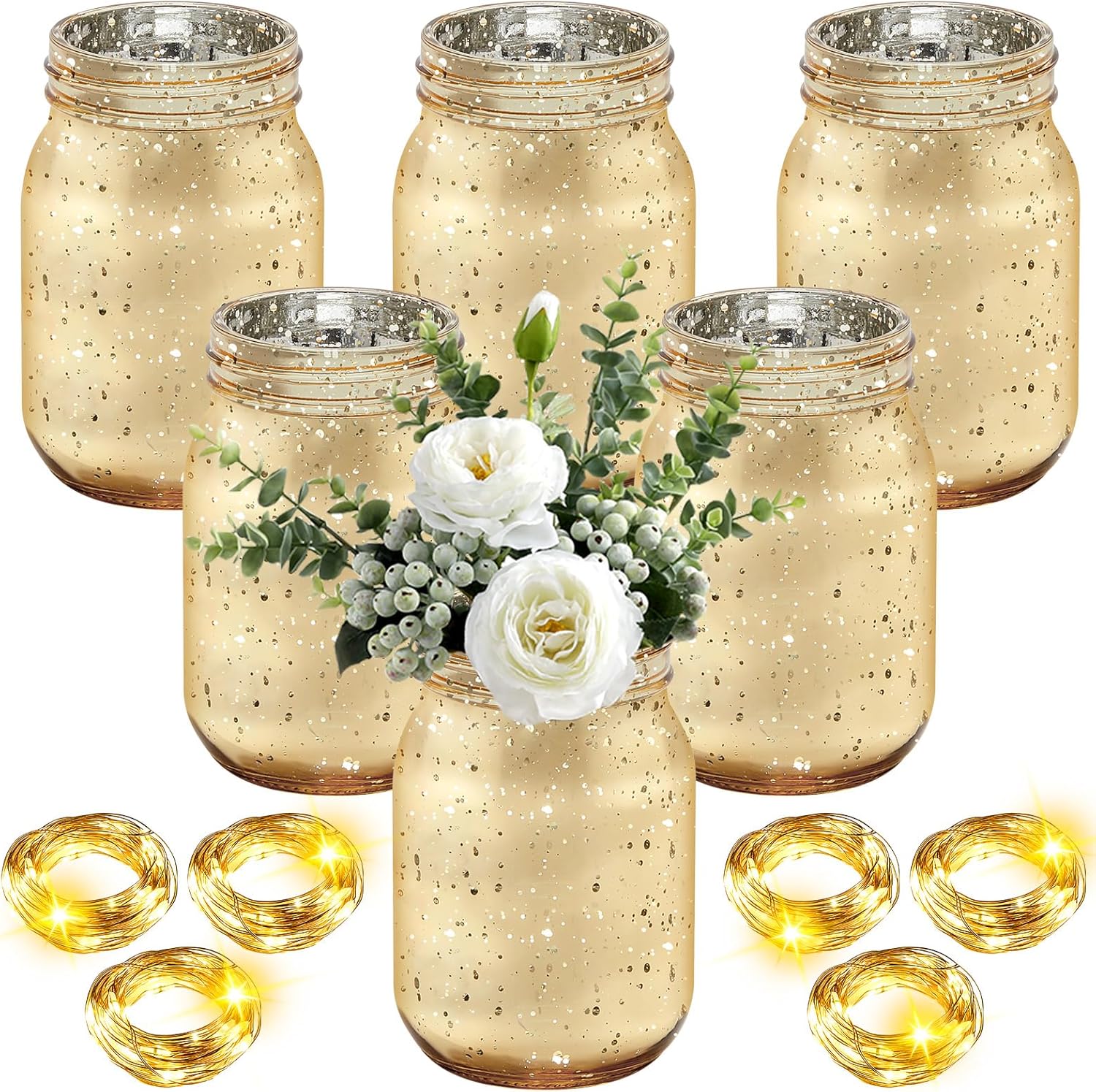 Layhit 6 Pcs Painted Mason Jars Colored Painted Mason Jars Decorative Mason Jars Centerpiece for Table Glass Decorative Jar with 6 Pcs 9.84 ft 30 LED Operated Fairy Lights for Wedding(Gold)