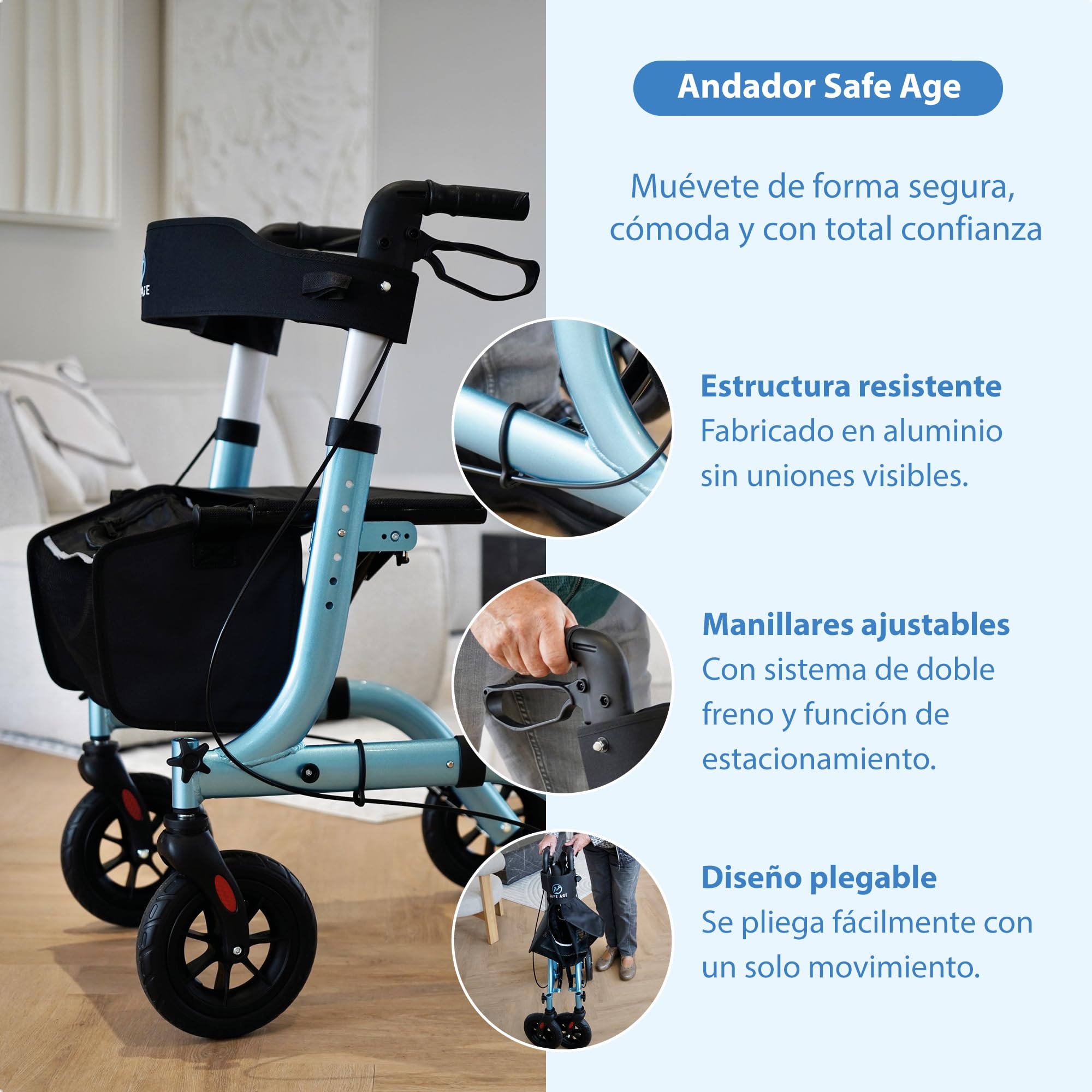 Safe Age Andador para Ancianos con Ruedas - Ligero y Plegable con Asiento para Interior y Exterior - con Respaldo y Soporte para Bastón
