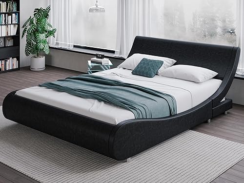 Miniatura 17 de HOOMIC Base de cama moderna de plataforma matrimonial con cabecera ajustable, cama tapizada de piel sintética de lujo con trineo de perfil bajo,