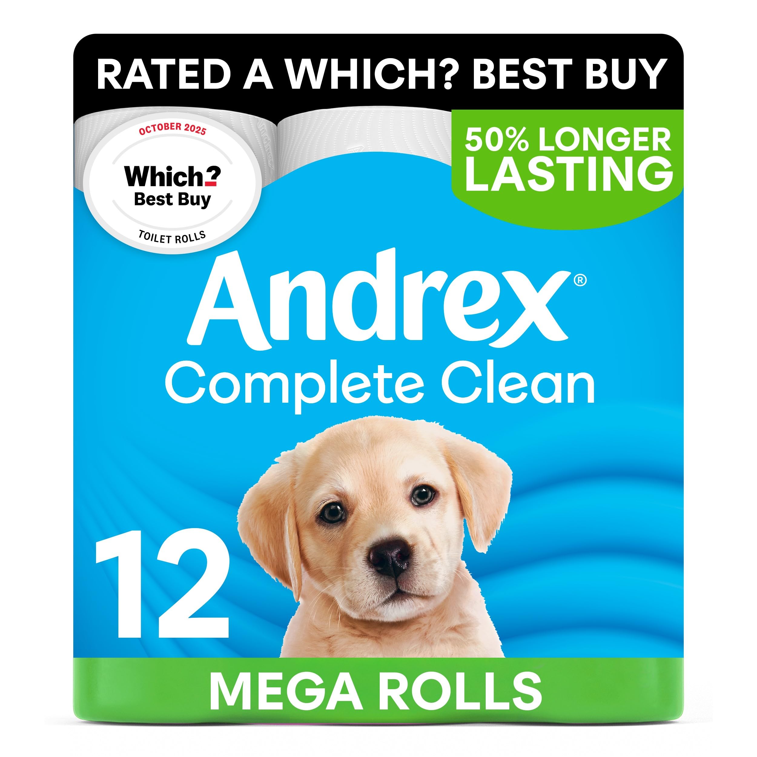 Andrex Complete Clean 12 Mega Toilet Rolls= 18 Standard Toilet Rolls, 50% Longer Lasting Paper with unique 3D Wave Texture for a Proven, Effective Clean, FSC Certified - 1