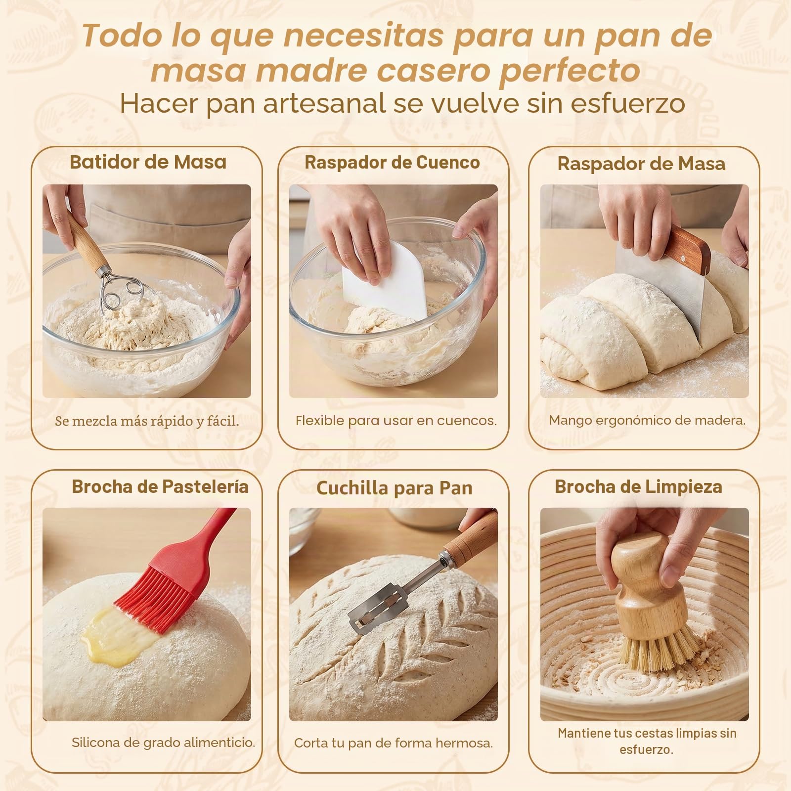 Banetones para Pan, Cesta de Fermentación para Pan 18Piezas Kit Completo de Panadero con Banetones de Caña Natural, Batidor, Cuchillo de Panadero y Paño de Lino,Cesta para Pan de Masa Madre