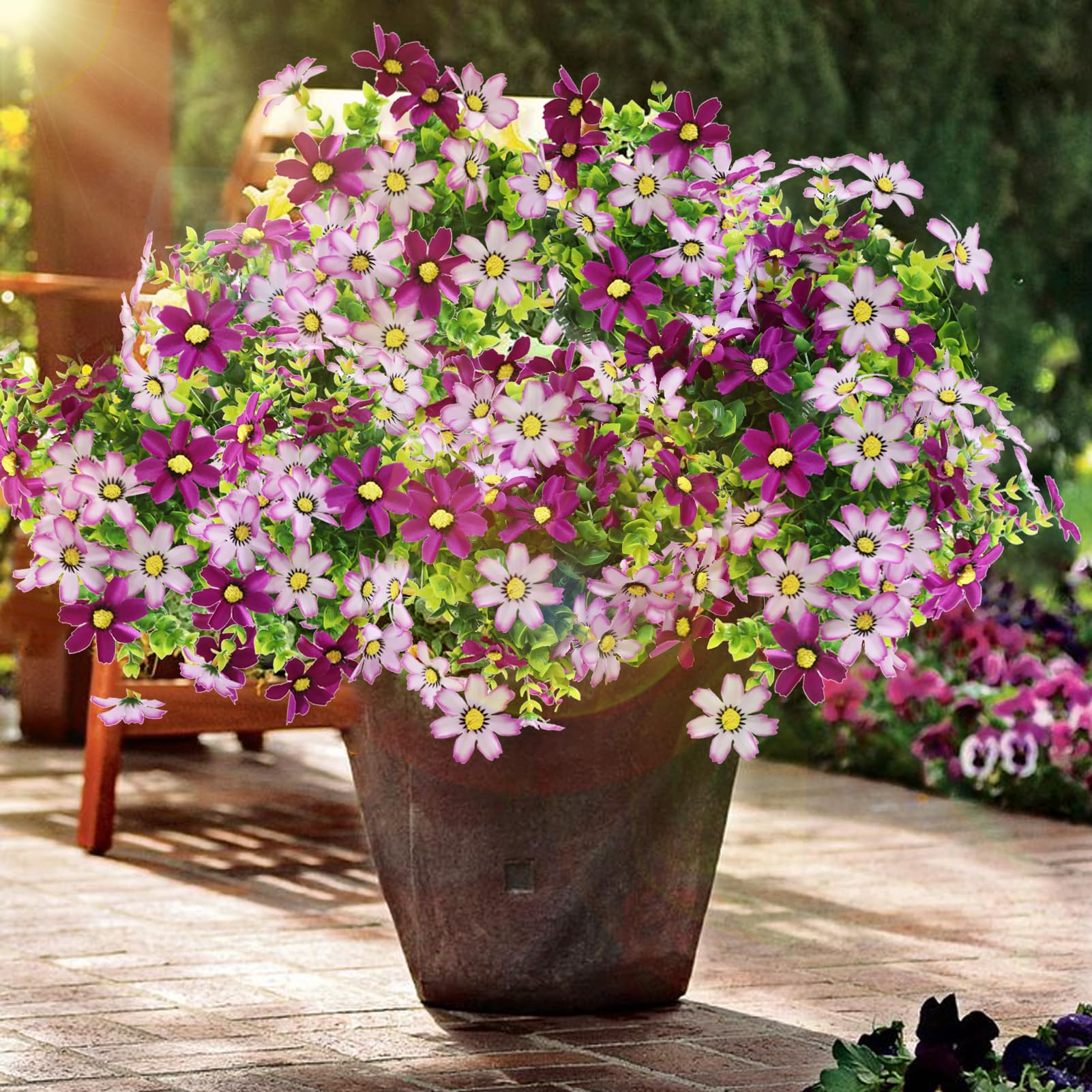 QIHANS Artificial Flowers Outdoor Fake Flower 4 Bundles Faux Silk Daisy