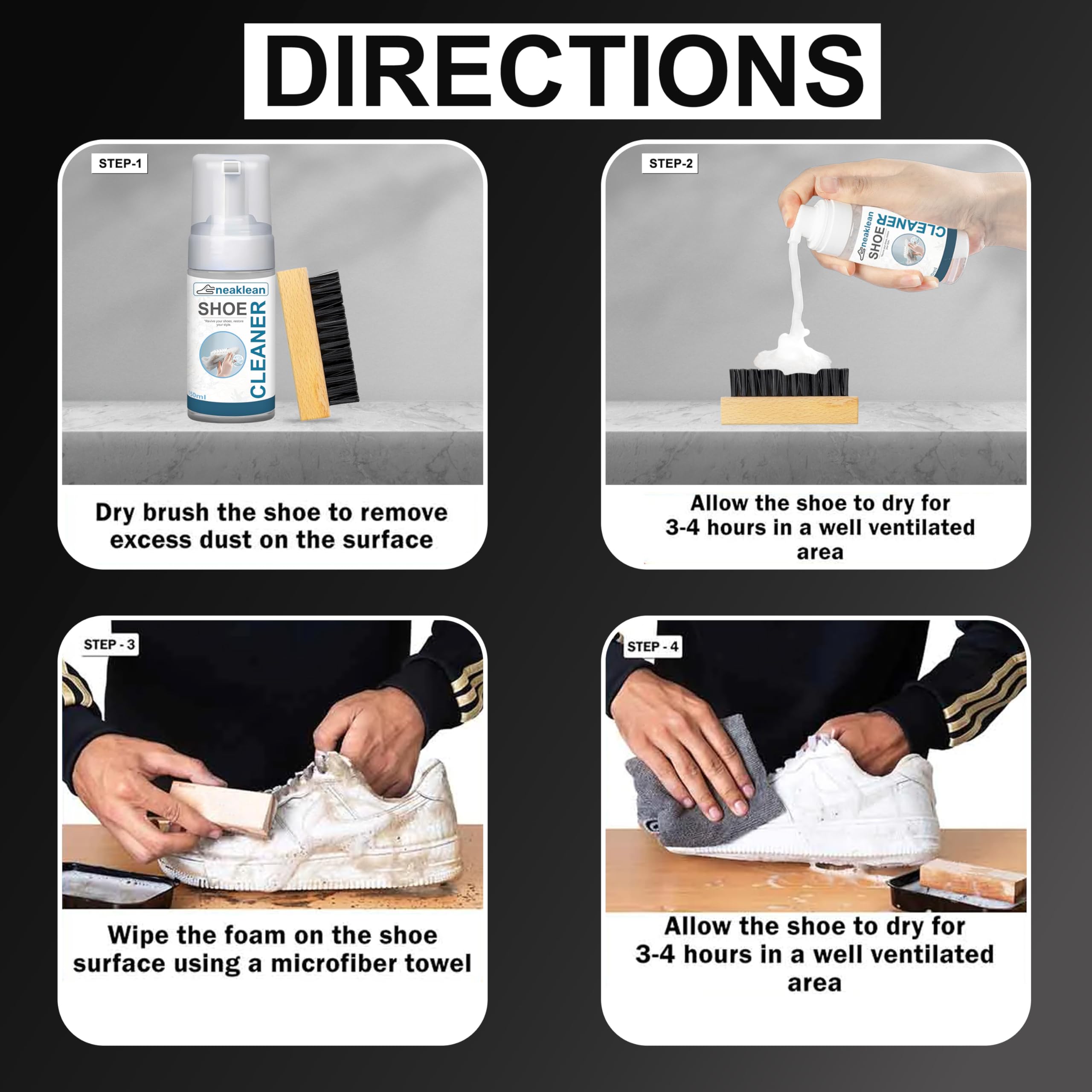 Sneaklean Shoe Cleaner Kit | 150ml Pack with Free Shoe Brush | Fast-Acting Sneaker Cleaner | For All Types of Shoes | Yellow Edge Reducing Agent | Effective Decontamination for Cleaning 2