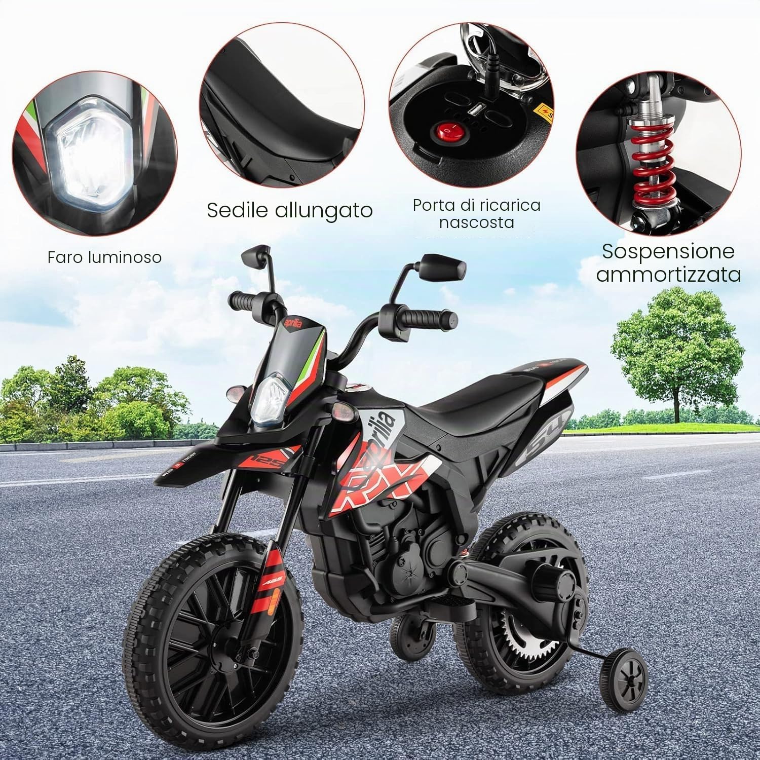 FANTASK APRILIA 12V MOTORE ELETTRICO PER BAMBINI 5.5-6km/h MOTO BAMBINI CON RUOTE DI SUPPORTO & MUSICA & FARI MOTO ROSSA E NERA PER BAMBINI DA 3-8 ANNI ROSSO
