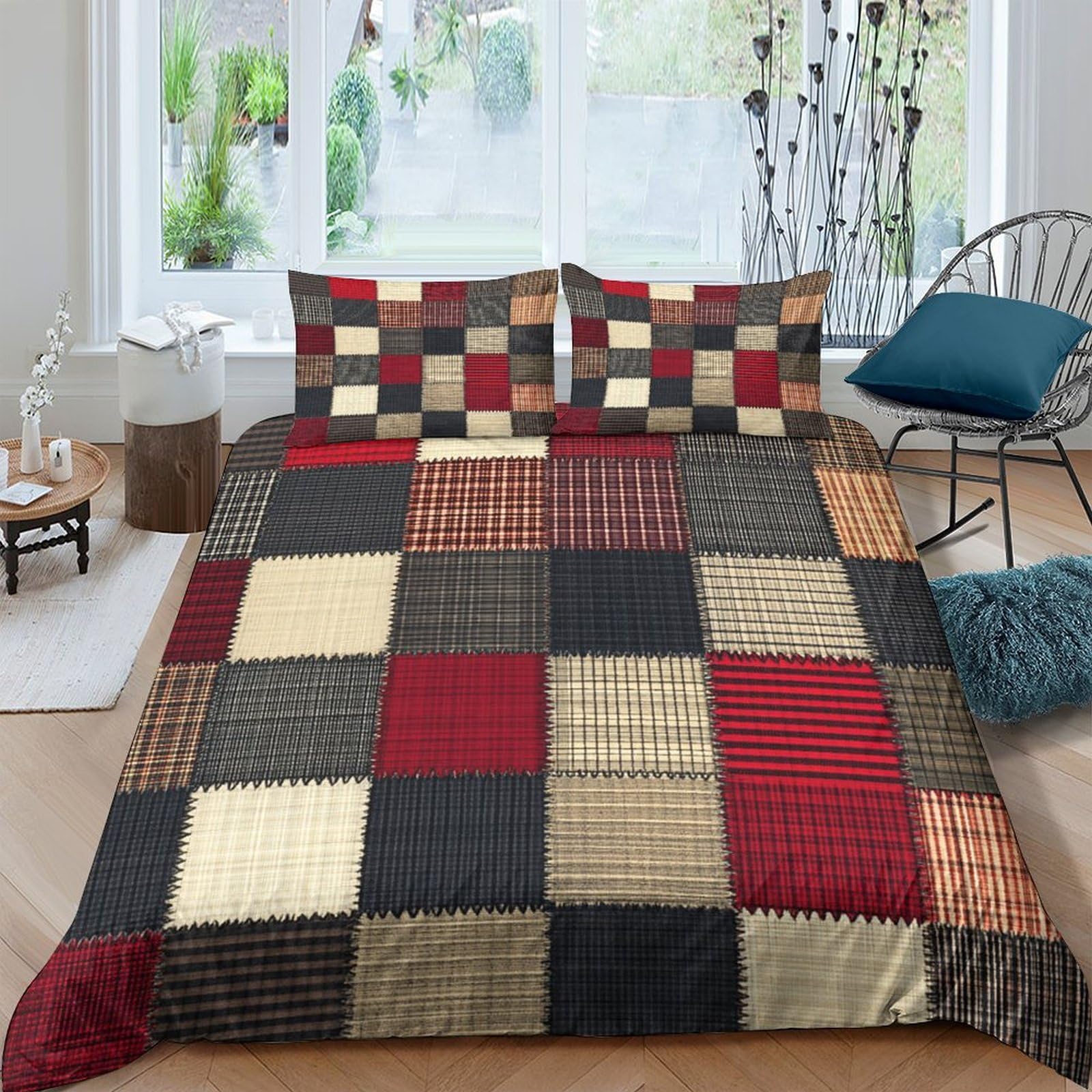 Ctjqhvkz Style-7 3D Printed Patchwork Checkered Fitted Sheet Microfiber Red Black Beige Bed Cover Anti-Slip Machine Washable For Bedroom Home Single（135X200cm）