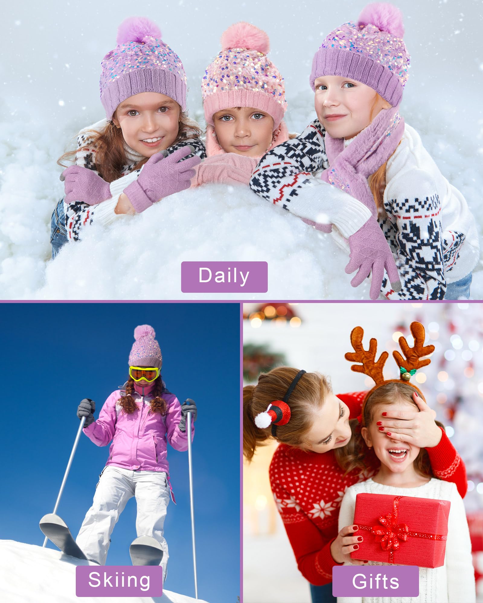 Liitrsh 2 Sets/6 Stück Mädchen Winter Strickmütze Schal Handschuhe Set Warm Fleece gefüttert Pom Pom Hut Schal Handschuhe für Teenager