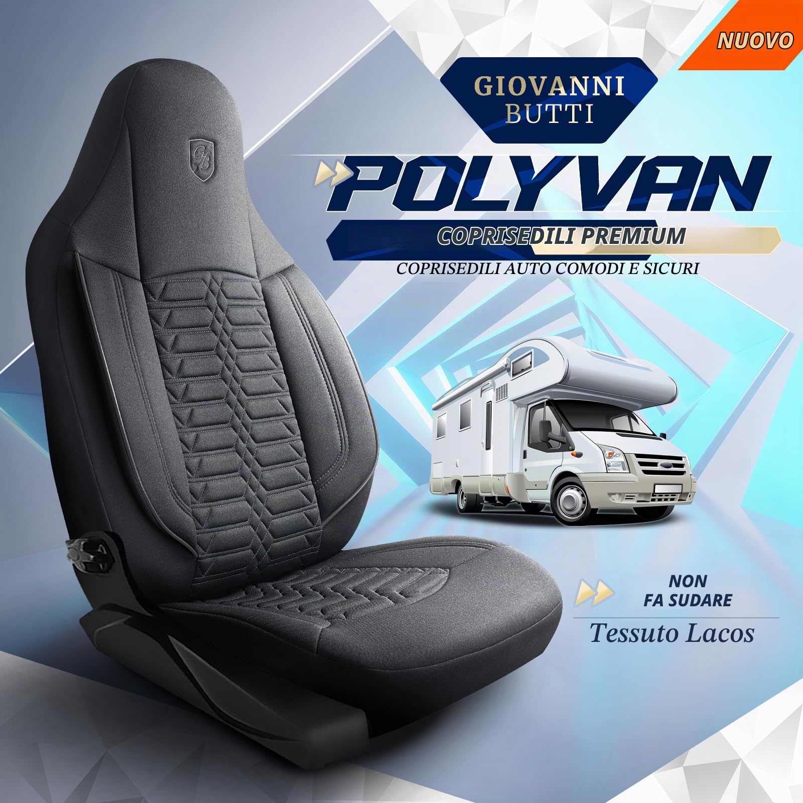 Coprisedili camper in tessuto Lacoste, compatibili Fiat Ducato, Citroën Jumper, Peugeot Boxer, sedili anteriori conducente & passeggero, Camper & Caravan, Grigio fumo