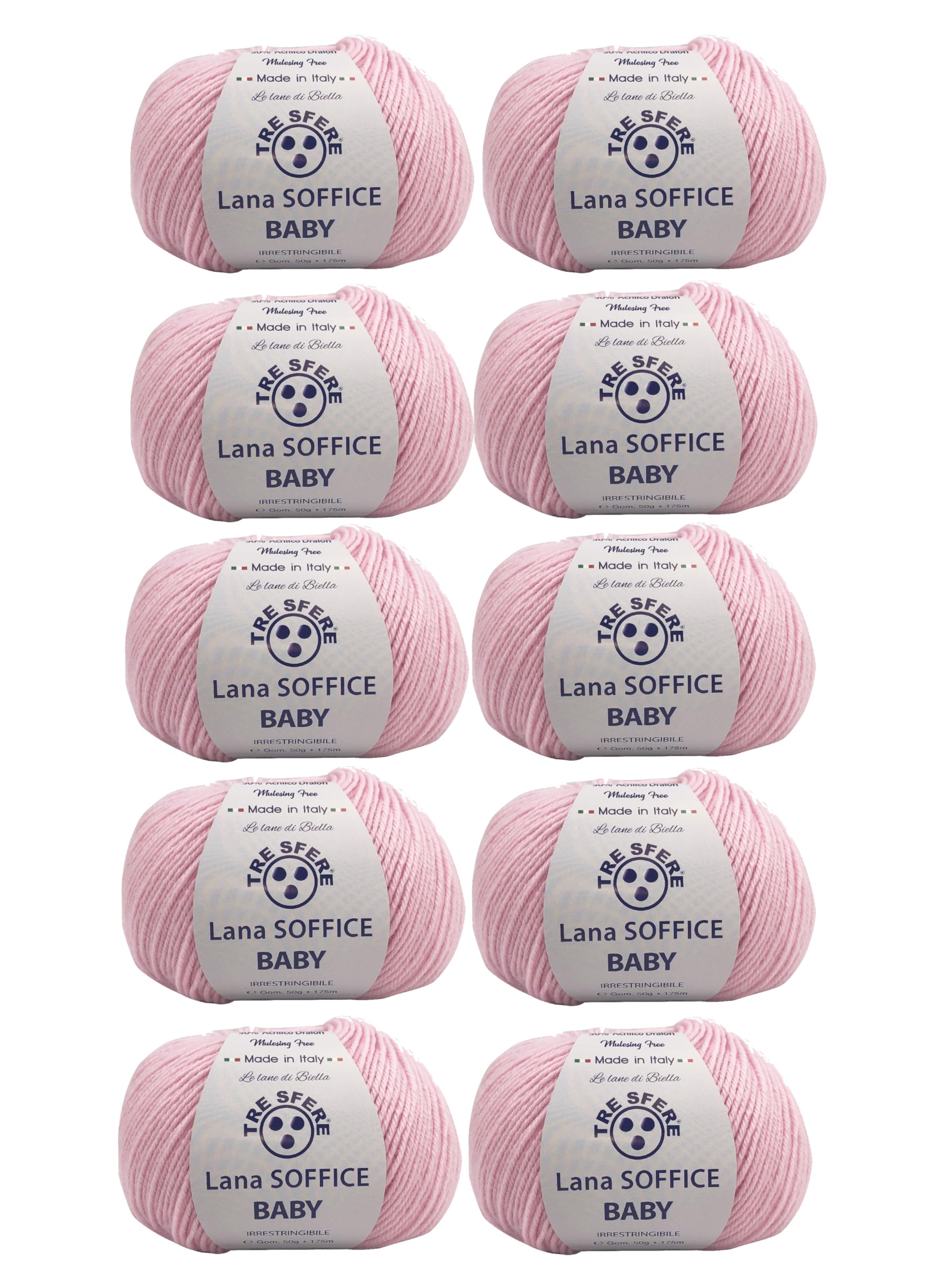 Gomitolo Lana Soffice Baby 50% Pura Lana Mulesing Free 50% Acrilico Dralon, Filato Ritorto Tinto a Biella, 50 Grammi/175m - disponibili in diverse tonalità (10, Rosa Baby - 306)