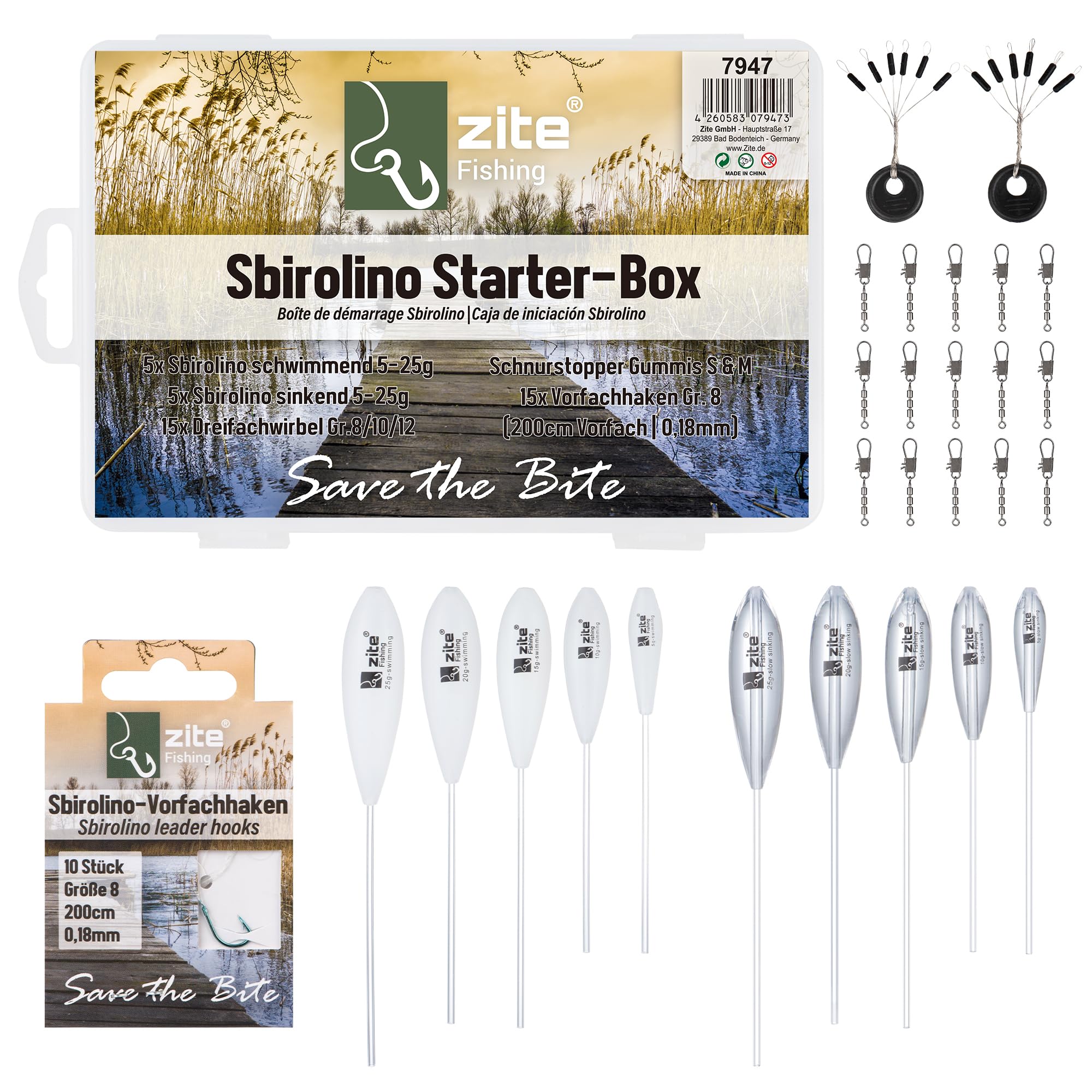 Zite Fishing Spirolino Starterbox | Sbirolino Schwimmend & Halbsinkend | Vorfachhaken #8, Dreifachwirbel, Schnurstopper | Sbirolino Forellen Set | Top zum Spoons, Forellenteig & Gummiköder Angeln