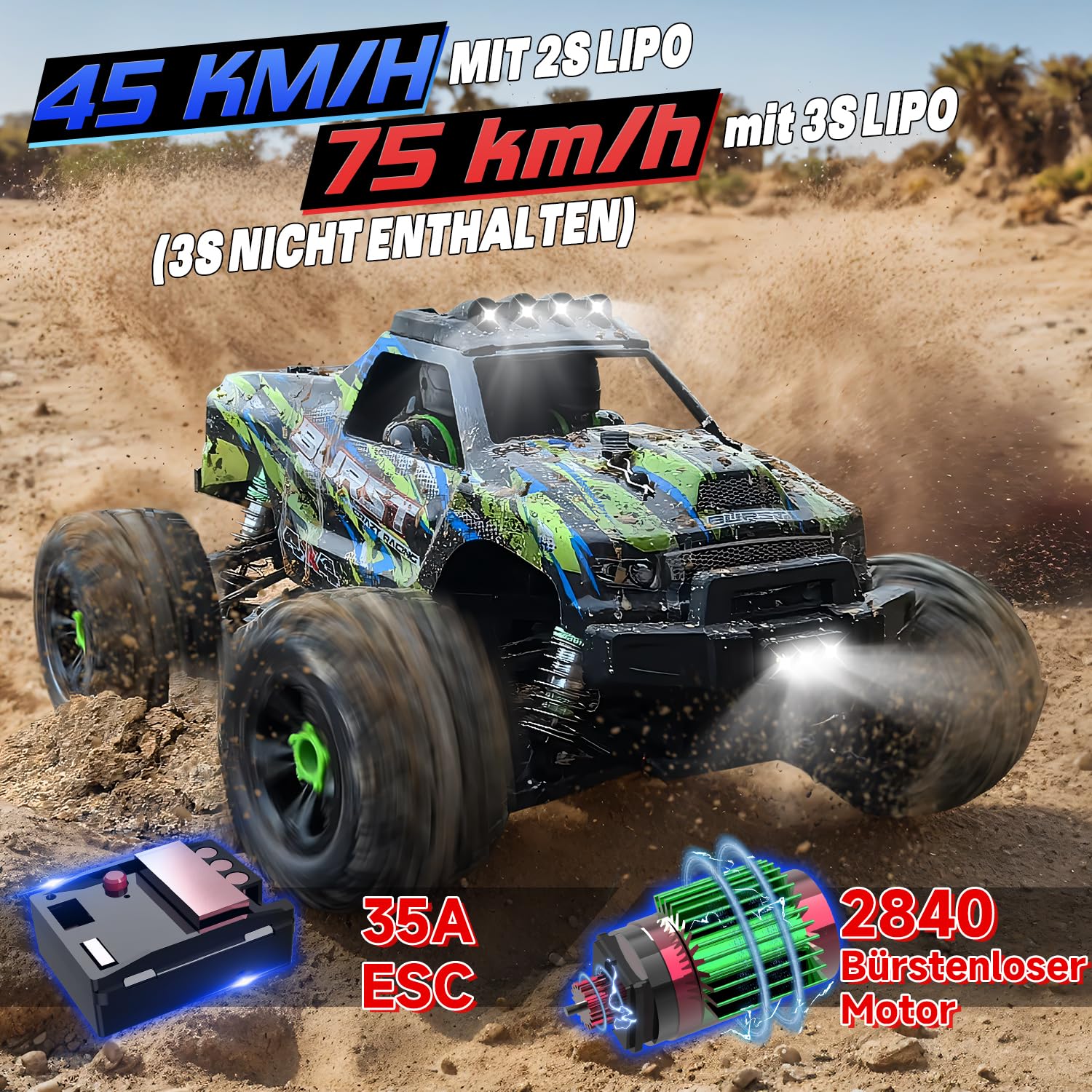 Zdalnie sterowany samochód, 1:14 RC Auto Brushless 75+ km/h, offroad, 4WD RC Car szybki z 7 lampkami, 2 akumulatory, 2,4 GHz, zdalnie sterowany samochód terenowy od 8, 10 lat, dla dorosłych