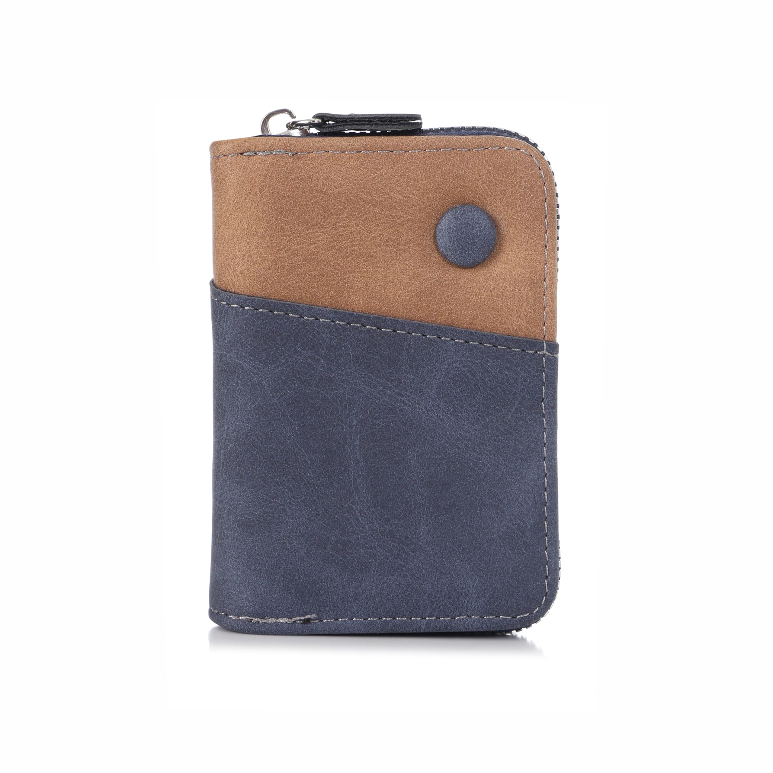 Zip-Around Vegan Leather Cardholder Cum Wallet Compact Color Block Zipper Wallet for Men and Women (Blue)-image-49