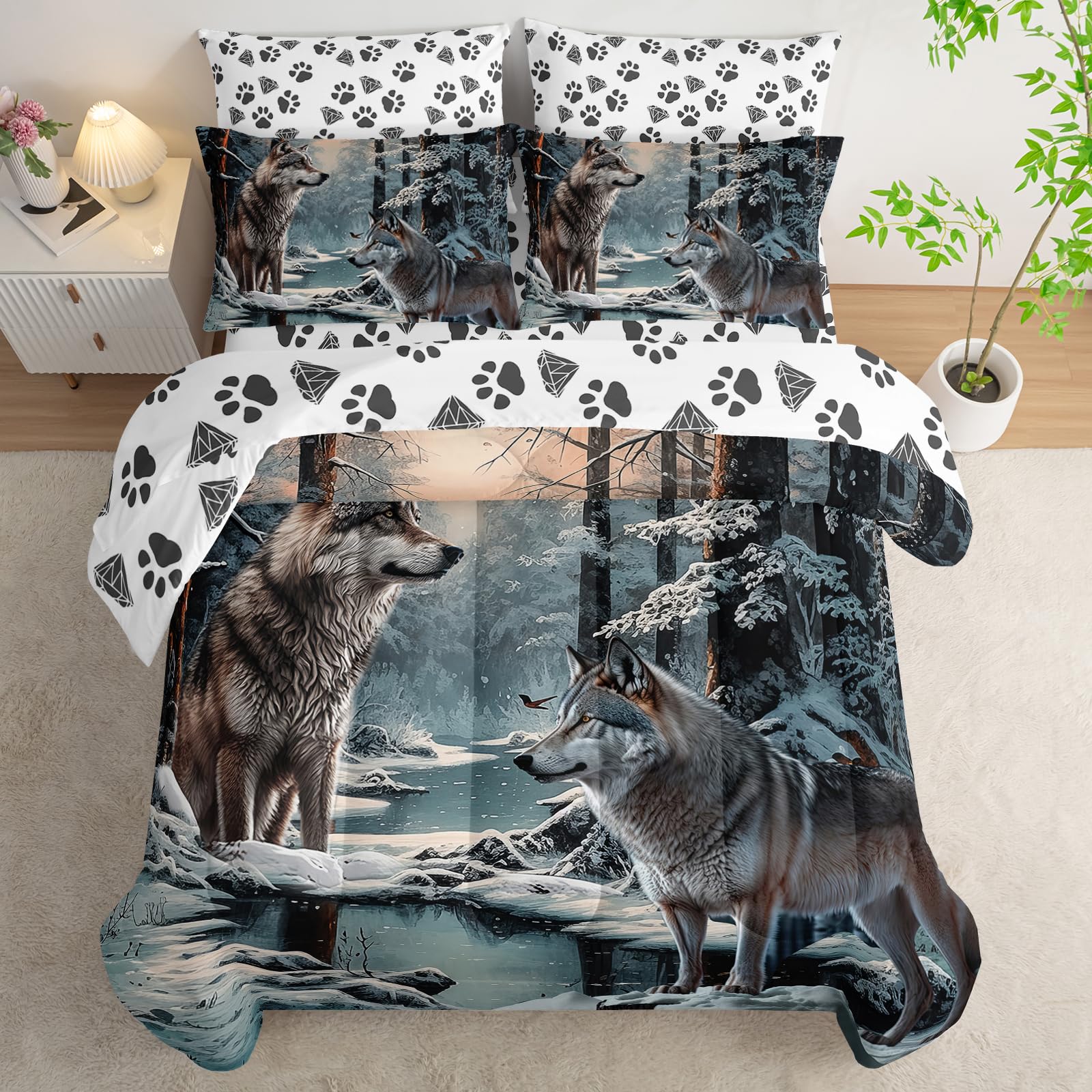 AILONEN Snow Wolf Comforter Set Full Size,7-Piece Soft Bed in a Bag,Snowfield Forest Animals Printed Comforter & Fitted Sheet & Flat Sheet & 2 Pillowcases,2 Pillow Shams for Kids Boys Adults