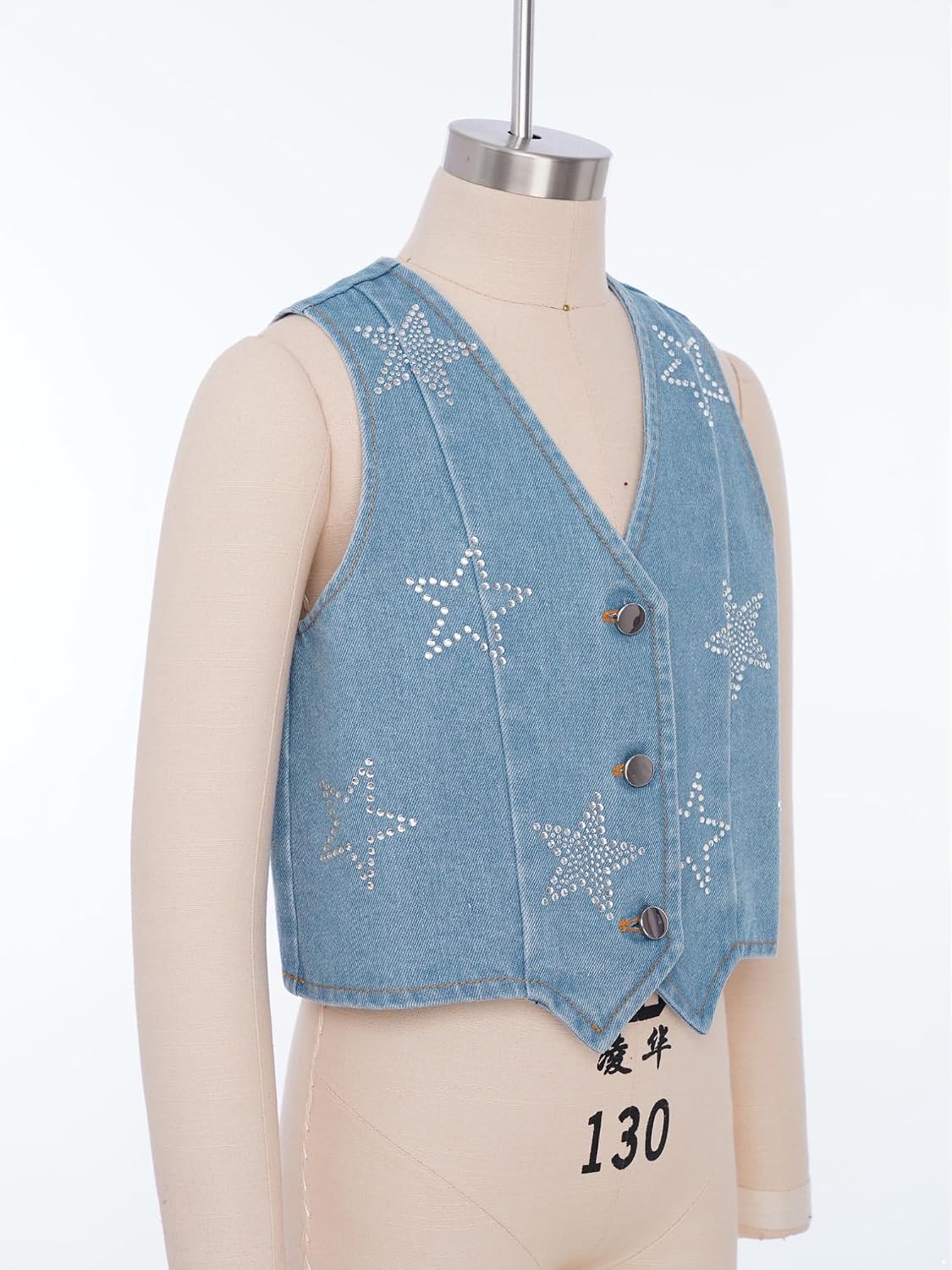FEESHOW Kids Girls Sparkly Stars Denim Cropped Vest Sleeveless Jean Jacket V-neck Button Up Cowgirl Waistcoat Streetwear
