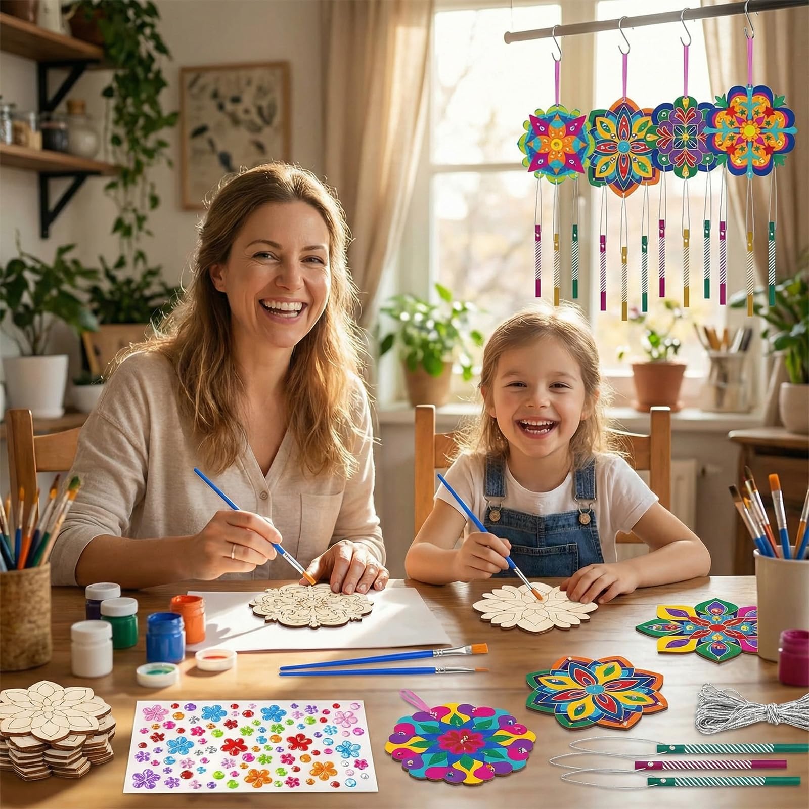 Juego de 10 carillones de viento para niños, manualidades, madera, carillones de viento para niños, mandala, juegos de manualidades de madera, decoración de jardín, creativos, para invitados, fiestas