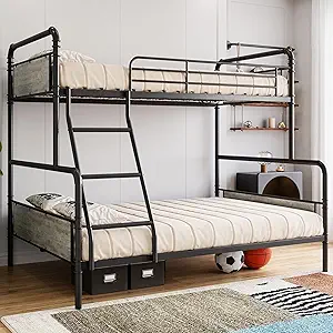 GarveeHome Metal Bunk Bed Twin Over Full Size with Angled Ladder, High Guardrail, Heavy Duty Bunk Bed Frame with Metal Slats, Smooth Rounded Edges, for Kids, Teens, Adults, Black+Grey