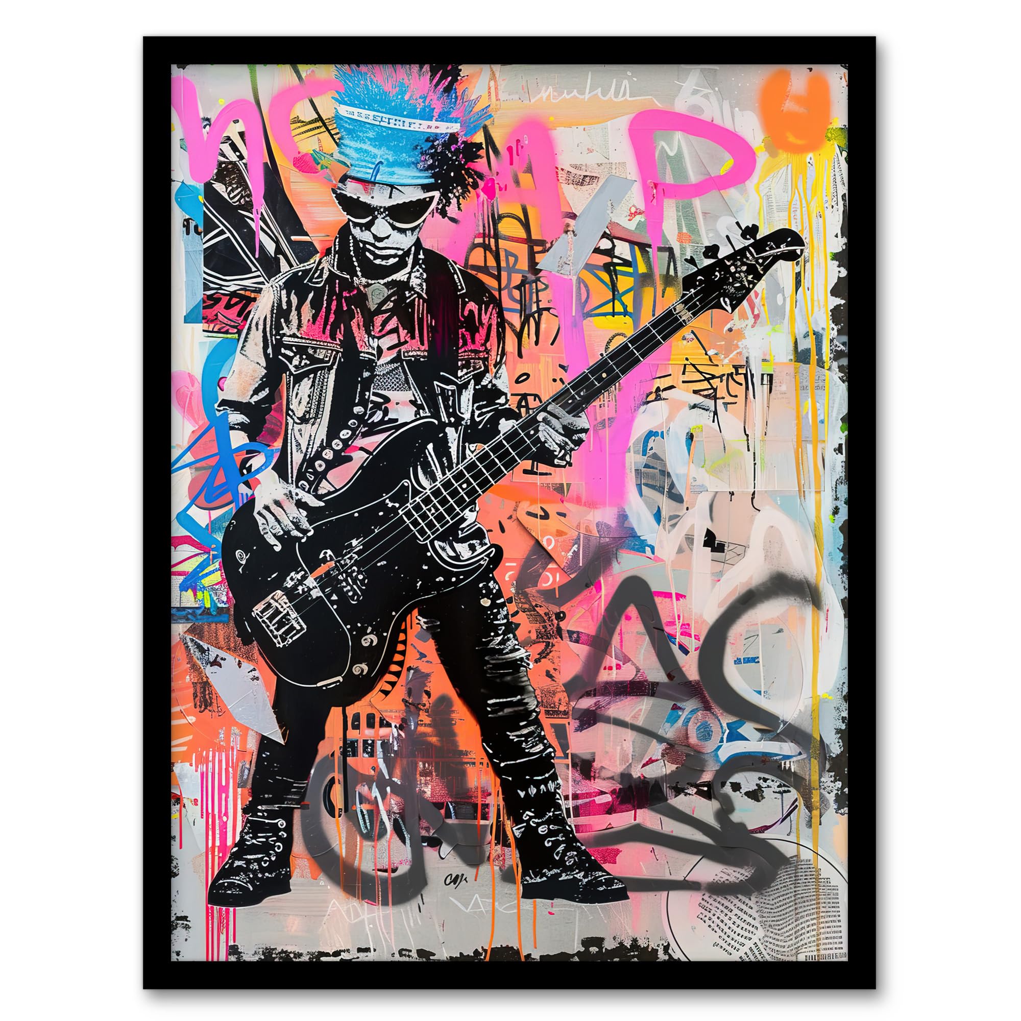 Artery8 Punk Music Bass Guitarist Colourful Street Art Living Room Artwork Framed Wall Art Print A4