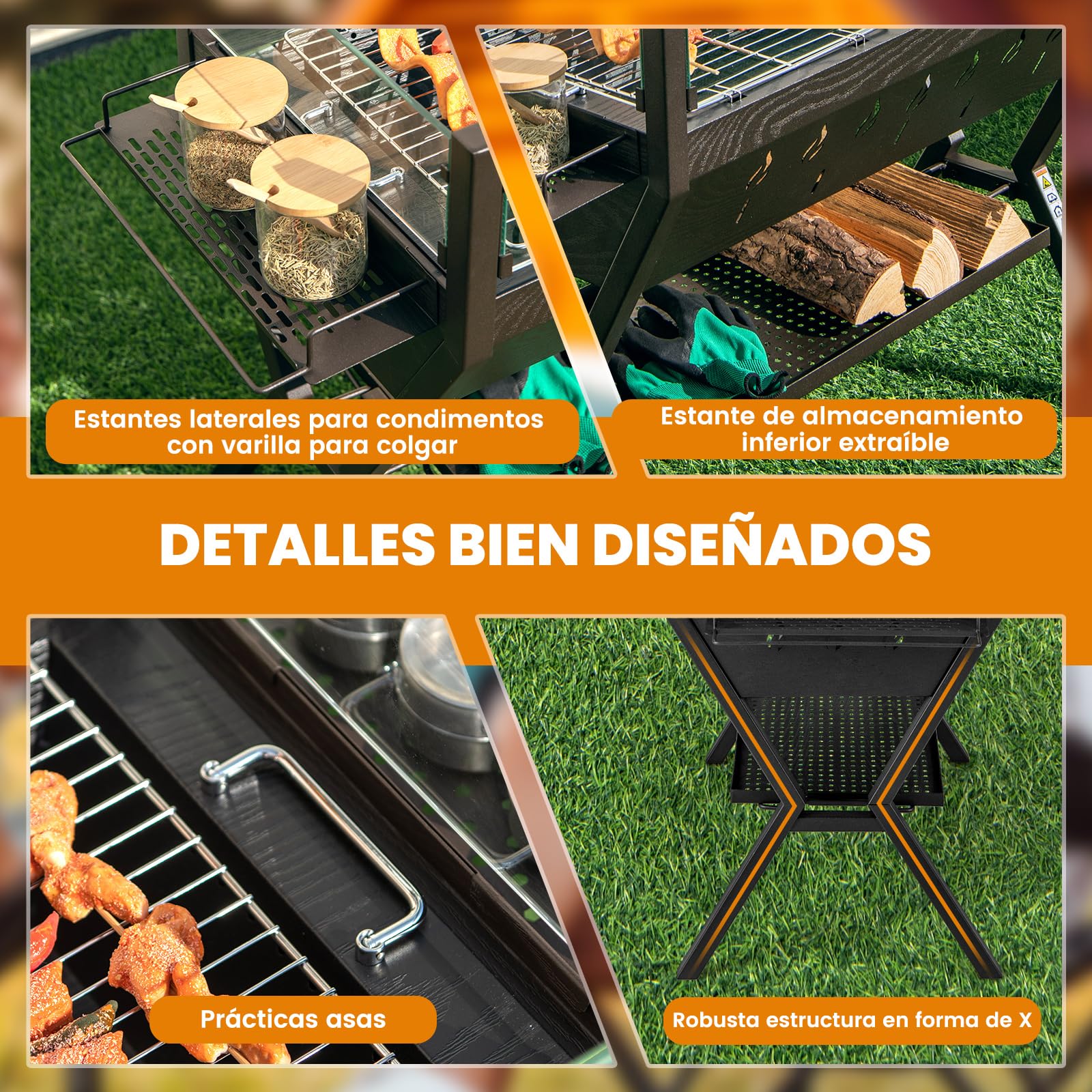 COSTWAY Barbacoa Carbón y Leña con Parrillas, Acero Inoxidable, Barbacoa Carbon con Protector Contra Viento, Estantes para Condimentos y de Almacenamiento, con Guantes