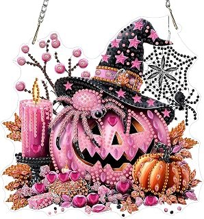 EOBROMD Halloween Diamond Hanging Art Kits for Adults, Pumpkin Suncatcher Diamond Art Painting, DIY Special Shaped Rhinestone Kits for Adults, Home Garden Wall Hanging Halloween Ornament