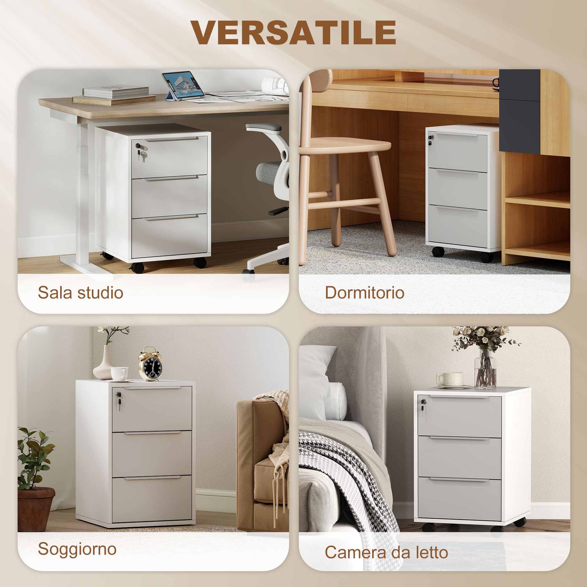 HOMCOM Schedario da Ufficio con 3 Cassetti, 4 Ruote, Cassettiera Ufficio con Serratura e 2 Chiavi per Lettera/Formato A4, Armadietto Verticale per Studio, 40x40x63.5 cm, Bianco e Grigio