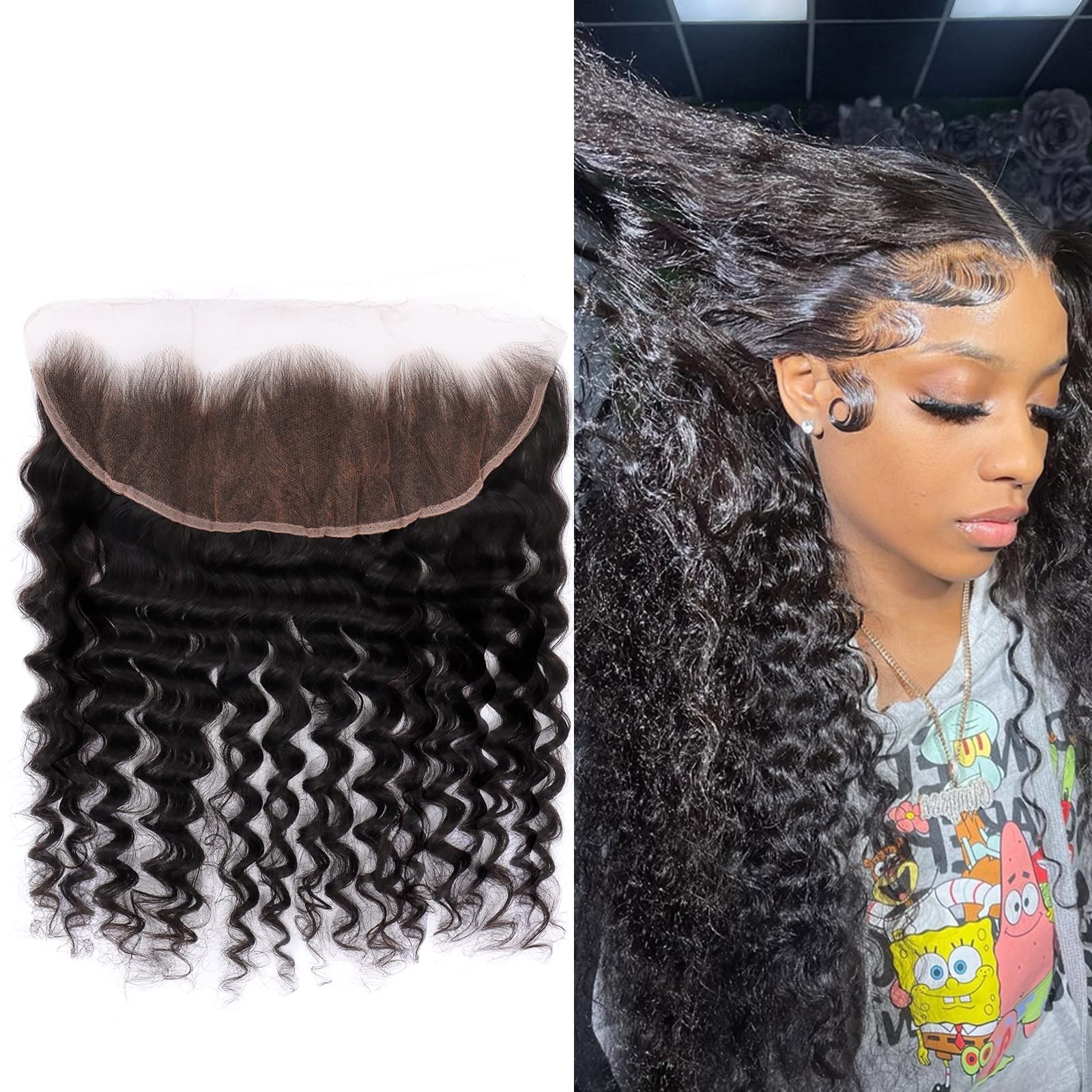 MY SHINY WIGS 13x4 Real HD Lace Frontal, Deep Wave Pre Bleached Knots Hd Frontal 13x4 Pre Plucked Frontal Human Hair Clean Hairline Frontal Closure Invisible Swiss Lace Natural Black 20 Inch