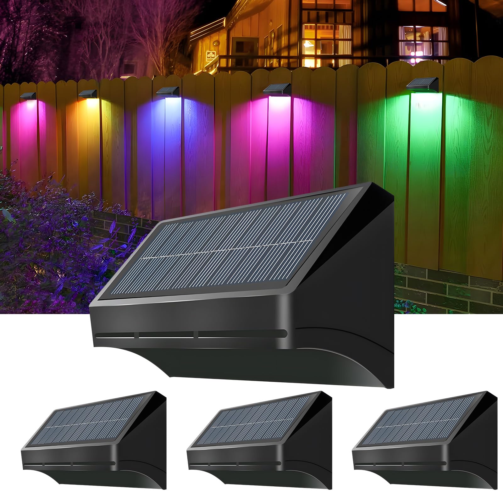 Wowlela Solar Outdoor Wall Lights, 4Pack Solar Fence Lights with Warm White/Cool White/RGB Modes