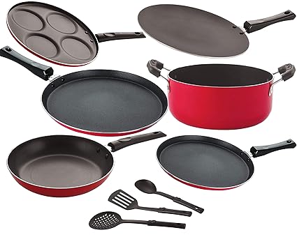 NIRLON Non-Stick Odor Free 3 Layer Coating Aluminium Cookware Combo Gift Set 9- Piece [26_FT12_CT_TP_FT11_Cass20_UP4_3SPN]